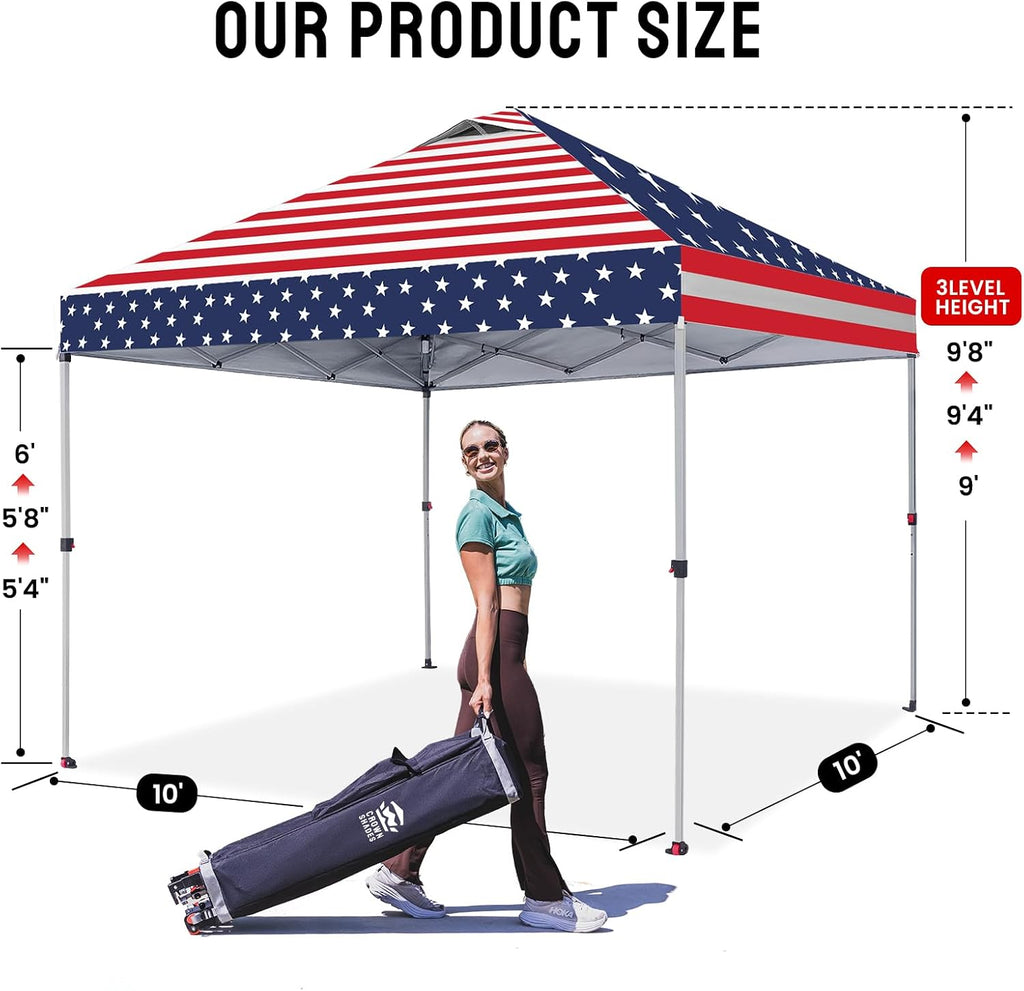 CROWN SHADES 10x10 Pop Up Canopy - Beach Tent with One Push Setup - Easy Outdoor Sun Shade for Events, Parties, Camping - Gazebo with STO-N-Go Cover Bag, Silver Coated Top, American Flag