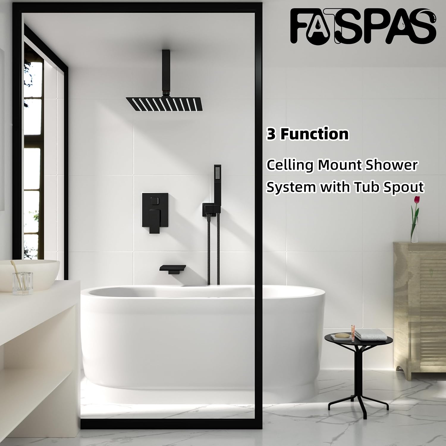 Ceiling Mount Shower System with Tub Spout, 10-Inch High-Pressure Rain Showerhead and Handheld Combo, Matte Black Shower Faucet Set with Rough-in Valve and Trim Kit, All-Metal