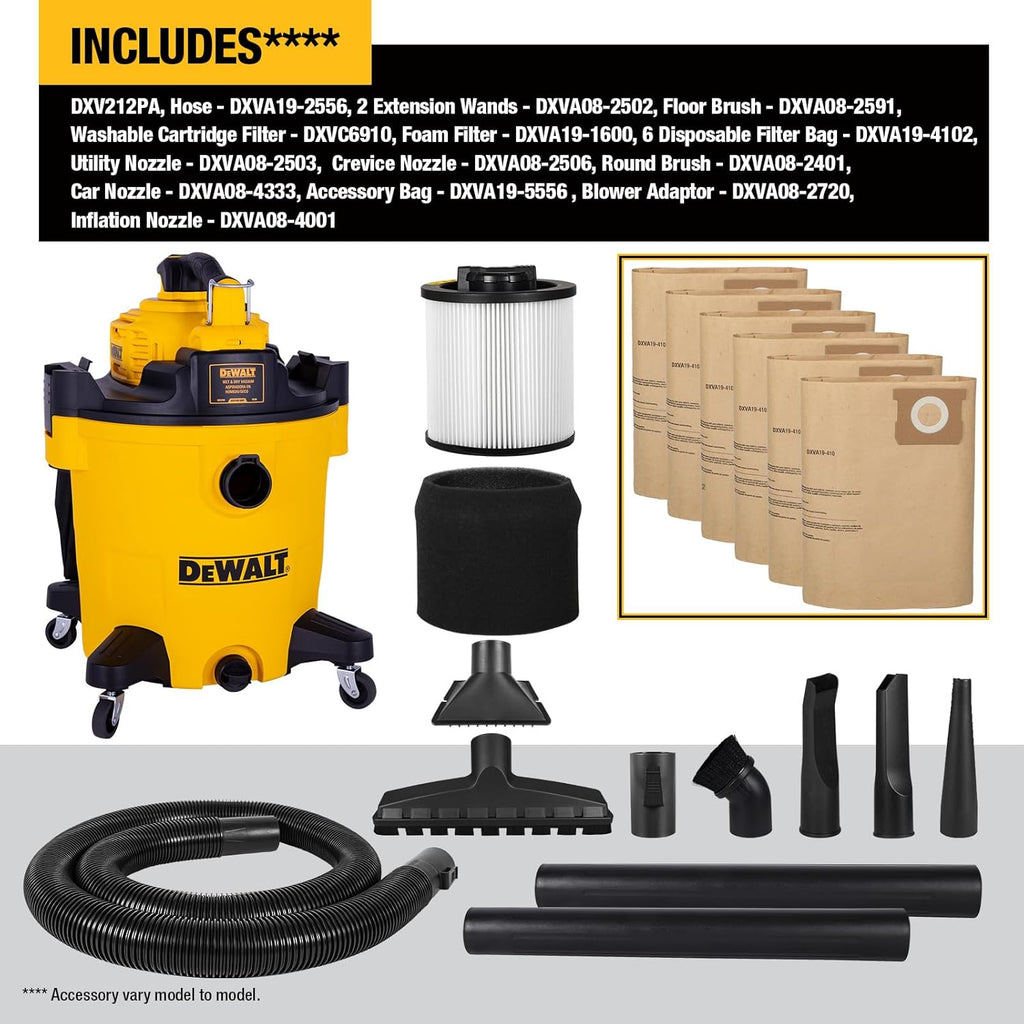 DEWALT 12 Gal Shop Vac, 5.5 HP Wet Dry Vac with Detachable Blower, High-Capacity Cleaner for Garage, Car, Workshop & Outdoor Leaves, All-in-1 DXV212PA (Reusable Bag)