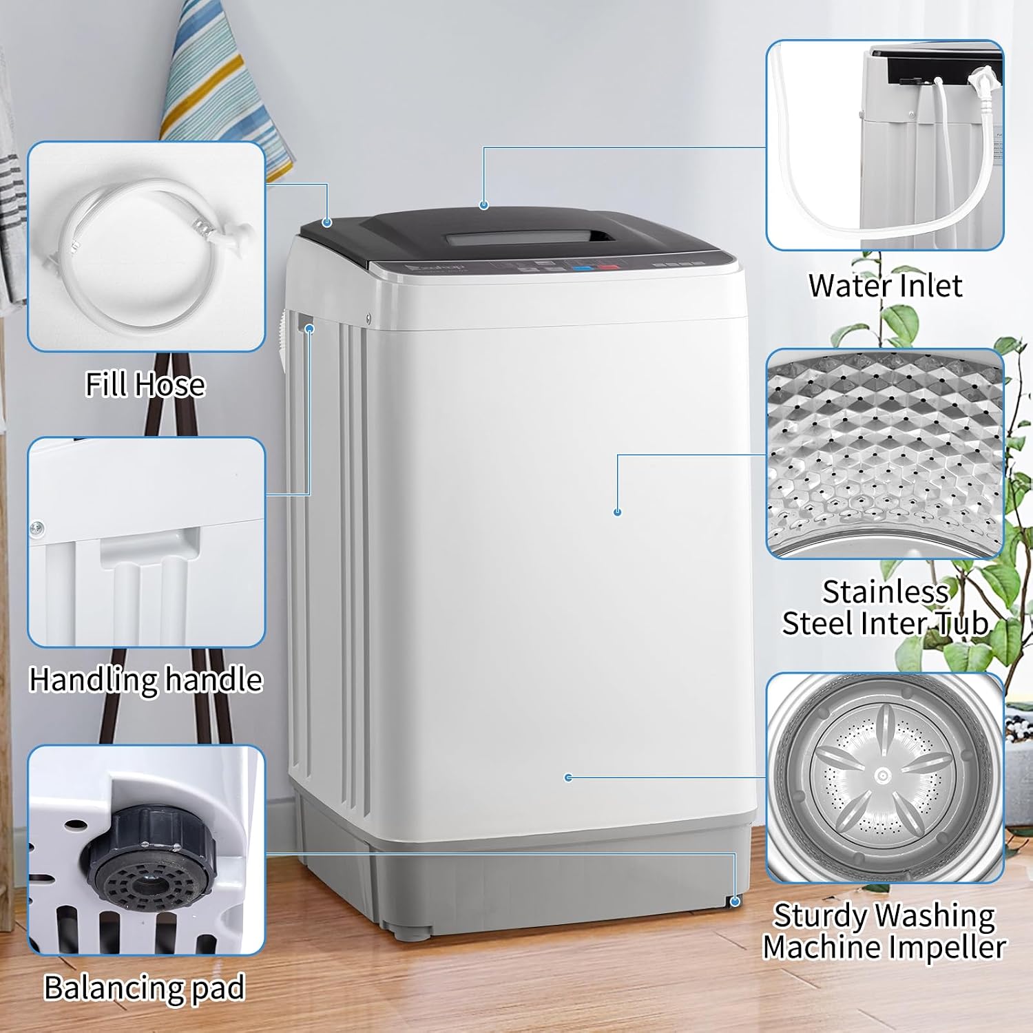 Winado Full Automatic Washing Machine, 17.6Lbs Top Load Portable Washer with Drain Pump, 10 Wash Programs 8 Water Level Washing and Dryer Combo, 2 in 1 Washer and Dryer for Apartments, RV, Camping