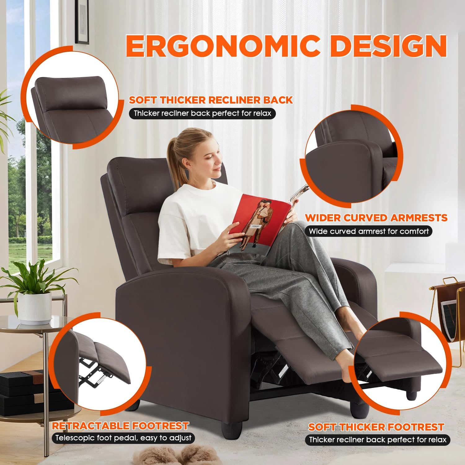 BestMassage | Recliner Chair | with 2 Point Massage Function | Pu Brown | with Lumbar Support, Adjustable Push Back, Footrest & Padded Seat | Easy Assembly | for Living Room, Home Theatre
