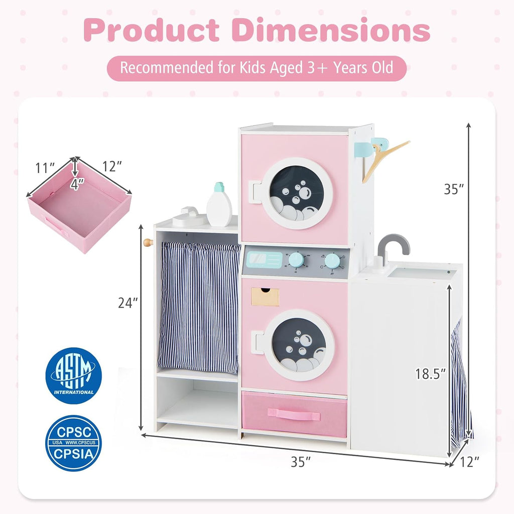 Costzon Kids Washer and Dryer Playset, Toddler Wooden Pretend Laundry Play Set w/Laundry Detergent Bottle, Iron, Hangers & Fabric Drawer, Realistic Laundry Room, Ideal Gift for Boys & Girls 3+