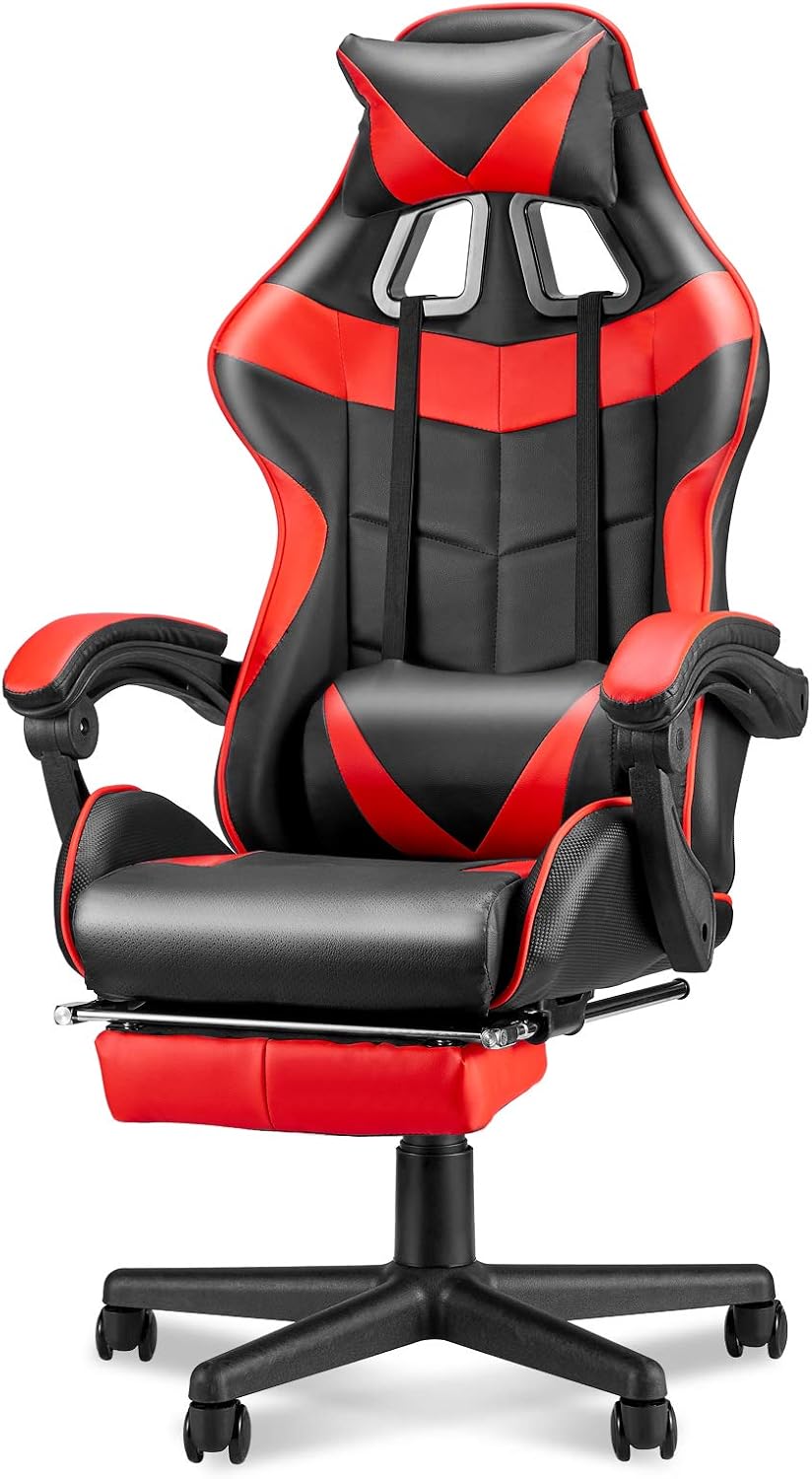 Soontrans Red Gaming Chairs with Footrest,Ergonomic PC Computer Game Chair,Home Office Desk Chair with Headrest and Lumbar Support Office Chair for Adult