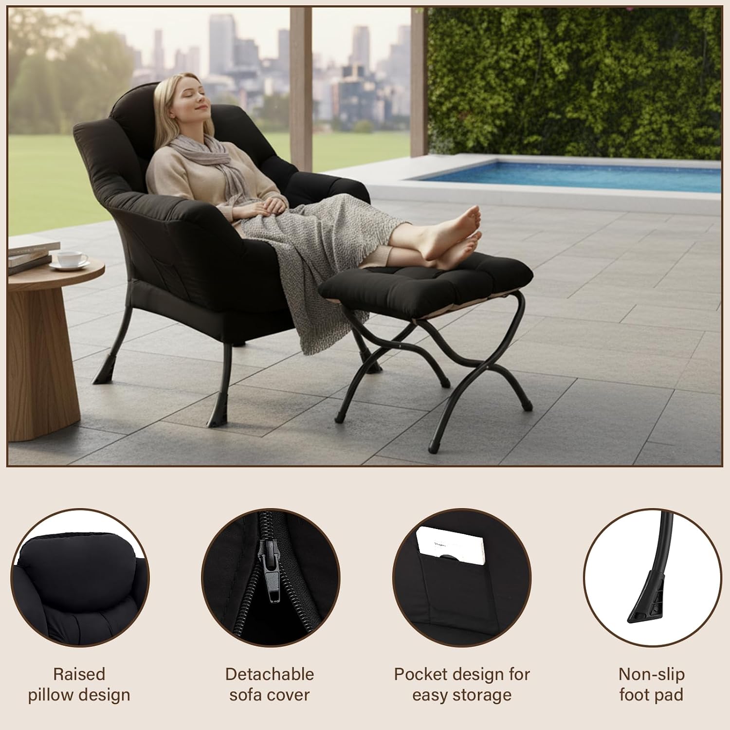 Welnow Lazy Chair with Ottoman, Modern Accent Chair with Armrests and a Side Pocket, Leisure Sofa Armchair Set, Reading Armchair with Footrest for Small Space, Black