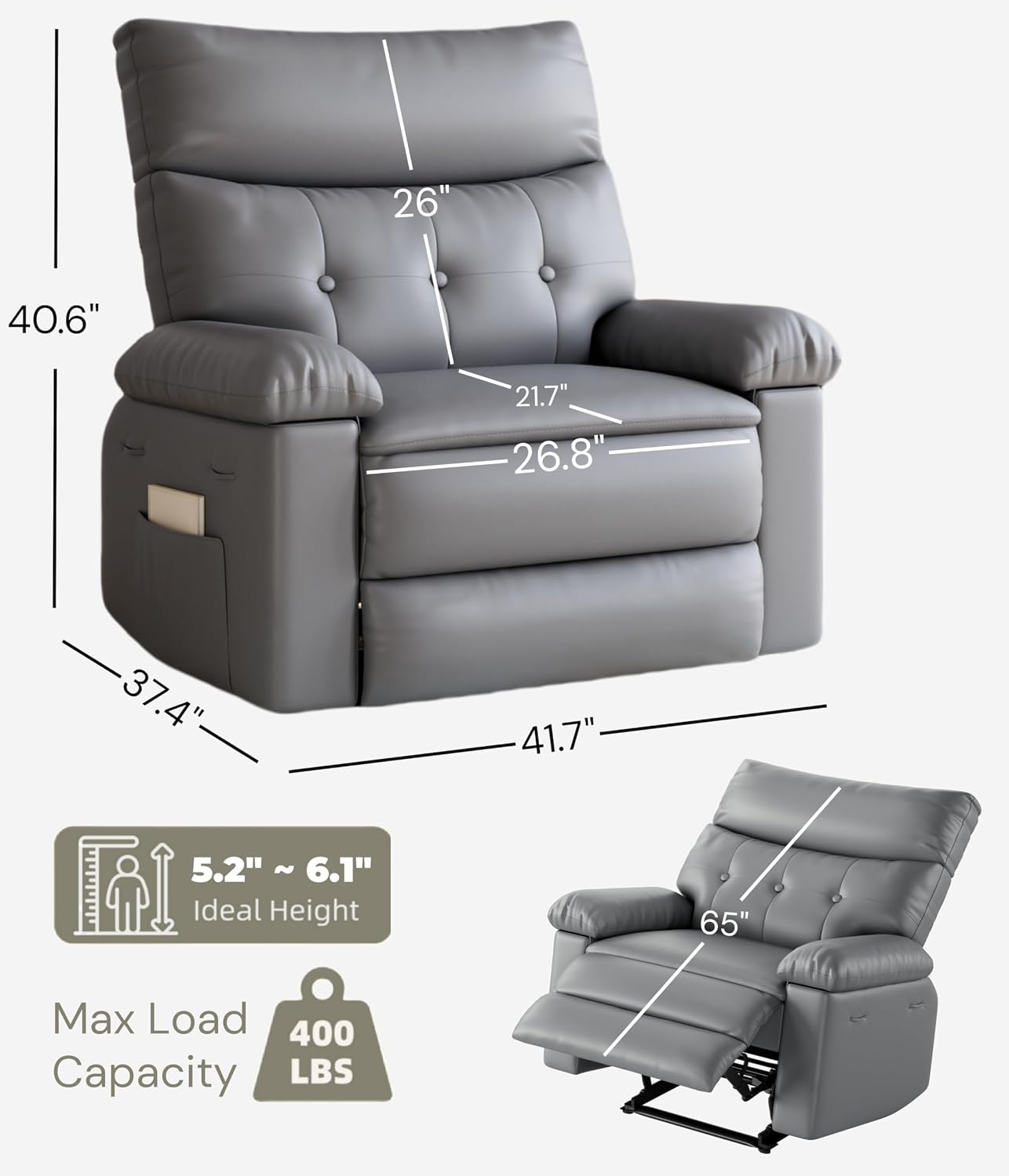 Garvee Oversized Wide Recliner Chair - Heat and Massage, PU Leather Extra Wide Manual Recliner for Adults, Large Lazy Chair with 1.5X Sponge Comfort Arm and Back for Living Room, Bedroom