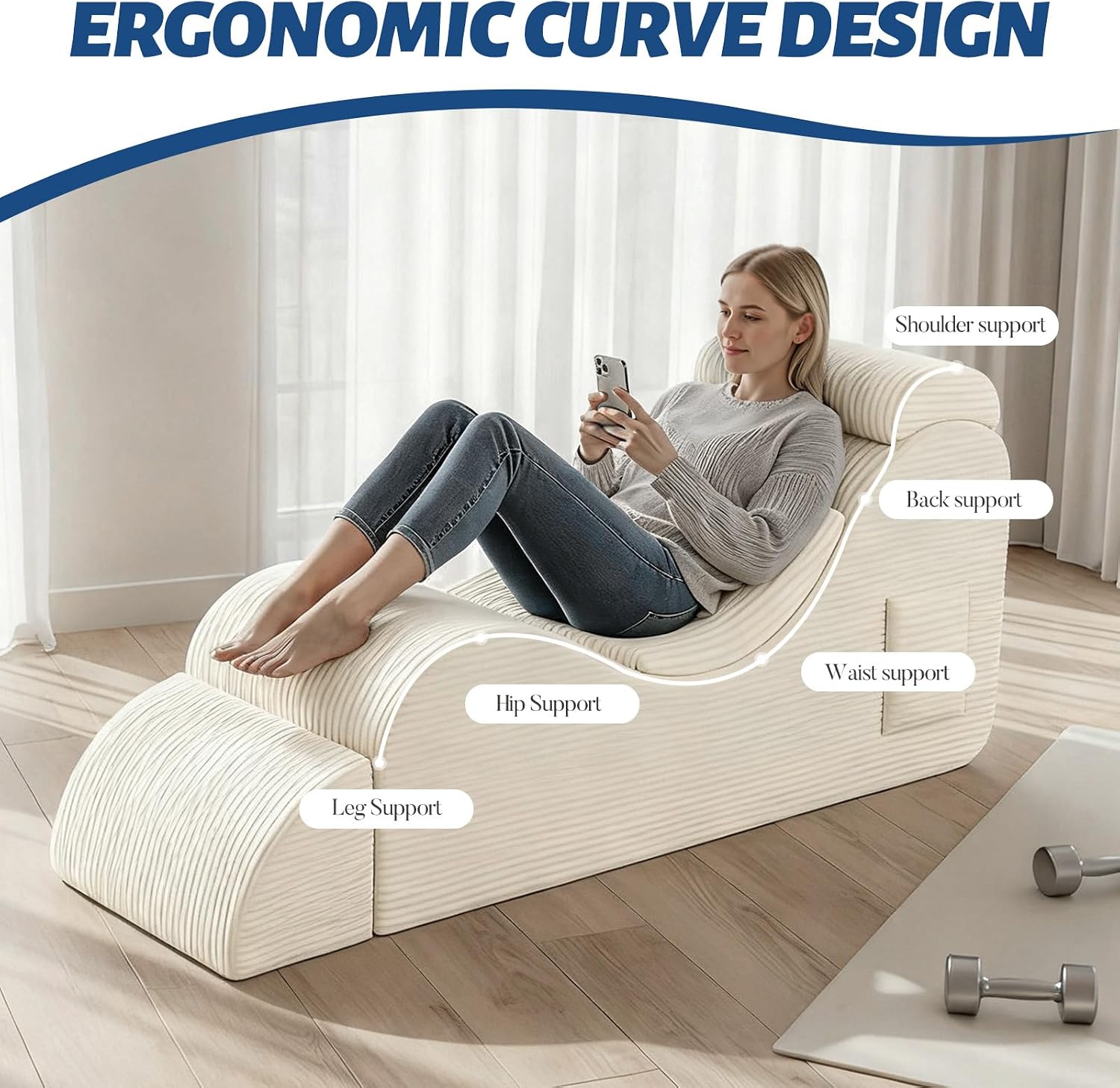 Yoga Chair for Adult, Chaise Lounge Chair with Headrest, Waist Pad, Ottoman, Side Pocket, High Density Foam and Non-Slip Bottom, Yoga Chair for Stretching Exercise, Massage, and Relaxation (Beige)