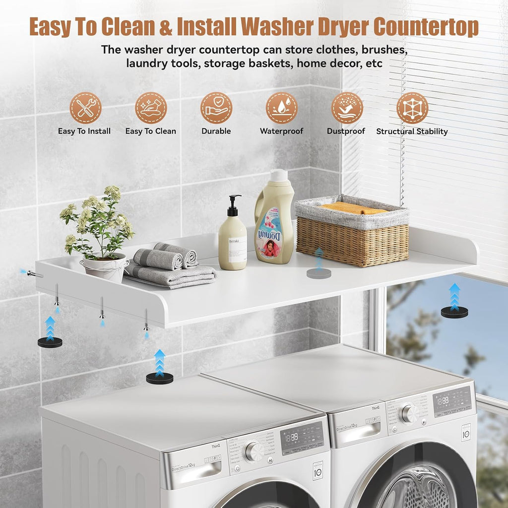 Washer Dryer Countertop, 27.5' D x 54' W Washer and Dryer Topper Covers with Edge Rails, Wood Laundry Room Countertop Shelves for Laundry Room Organization and Storage (White)