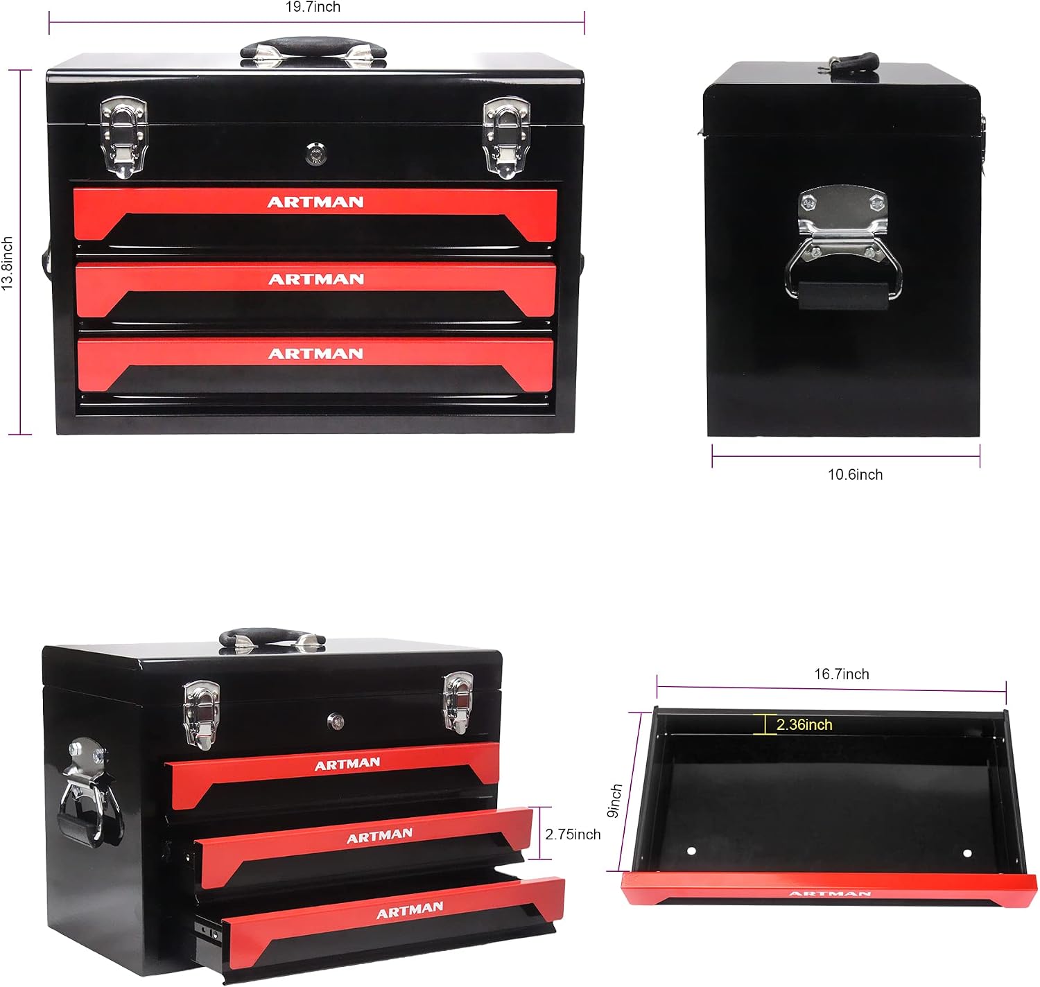 Tool Box Including 439 Pieces of Mechanics Tool Kit, 4-Drawer High Capacity Tool Chest, Lockable Home Repair Tool Storage Organizer with Sliding Drawers for Garage,Black and Red