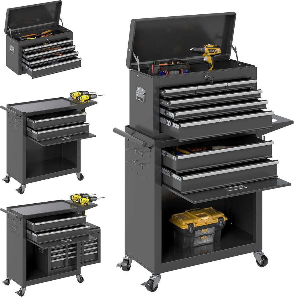 Tool Chest, 8 Drawers Rolling Tool Chest with Wheels, Removable Cabinet Storage Tool Box with Hooks and Liners,Universal Lockable Wheels, Metal Tool Storage Cart, Tool Box for Garage, Workshop