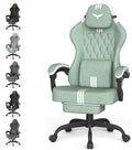 Ferghana Cotton Fabric Gaming Chair with Wider Seat Cushion, Diamond Double-Stitching Ergonomic High Back Game Chair with Footrest, Computer Chair with Massage Lumbar Support for Adult, Green/White