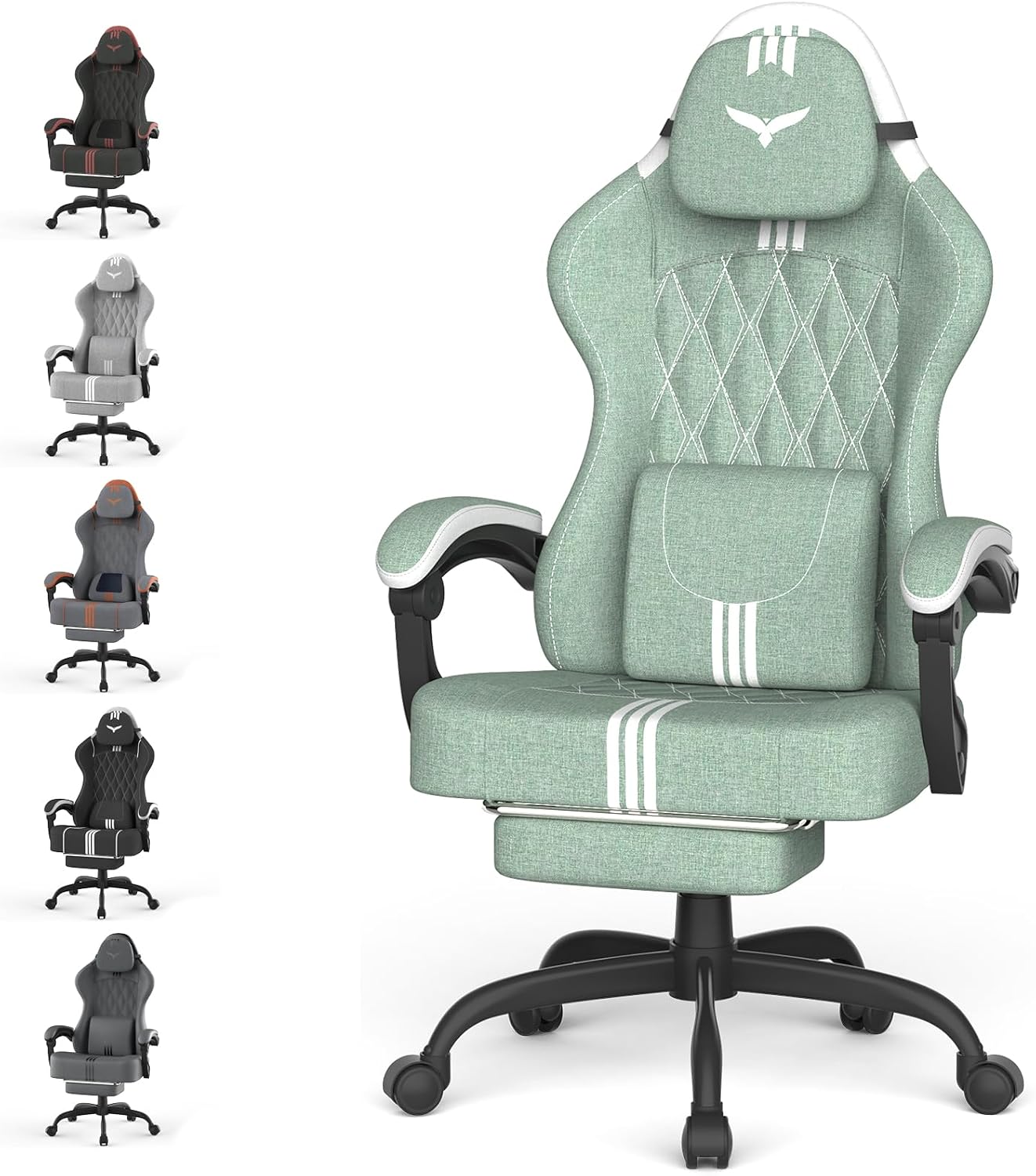 Ferghana Cotton Fabric Gaming Chair with Wider Seat Cushion, Diamond Double-Stitching Ergonomic High Back Game Chair with Footrest, Computer Chair with Massage Lumbar Support for Adult, Green/White