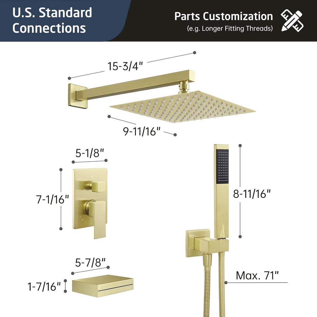 KES Brushed Gold Shower System with Tub Spout, Pressure Balanced Bath Tub Shower Faucet Set Complete with Valve, Shower System with Rain Shower Head with Handheld, XB6305F18-BZ
