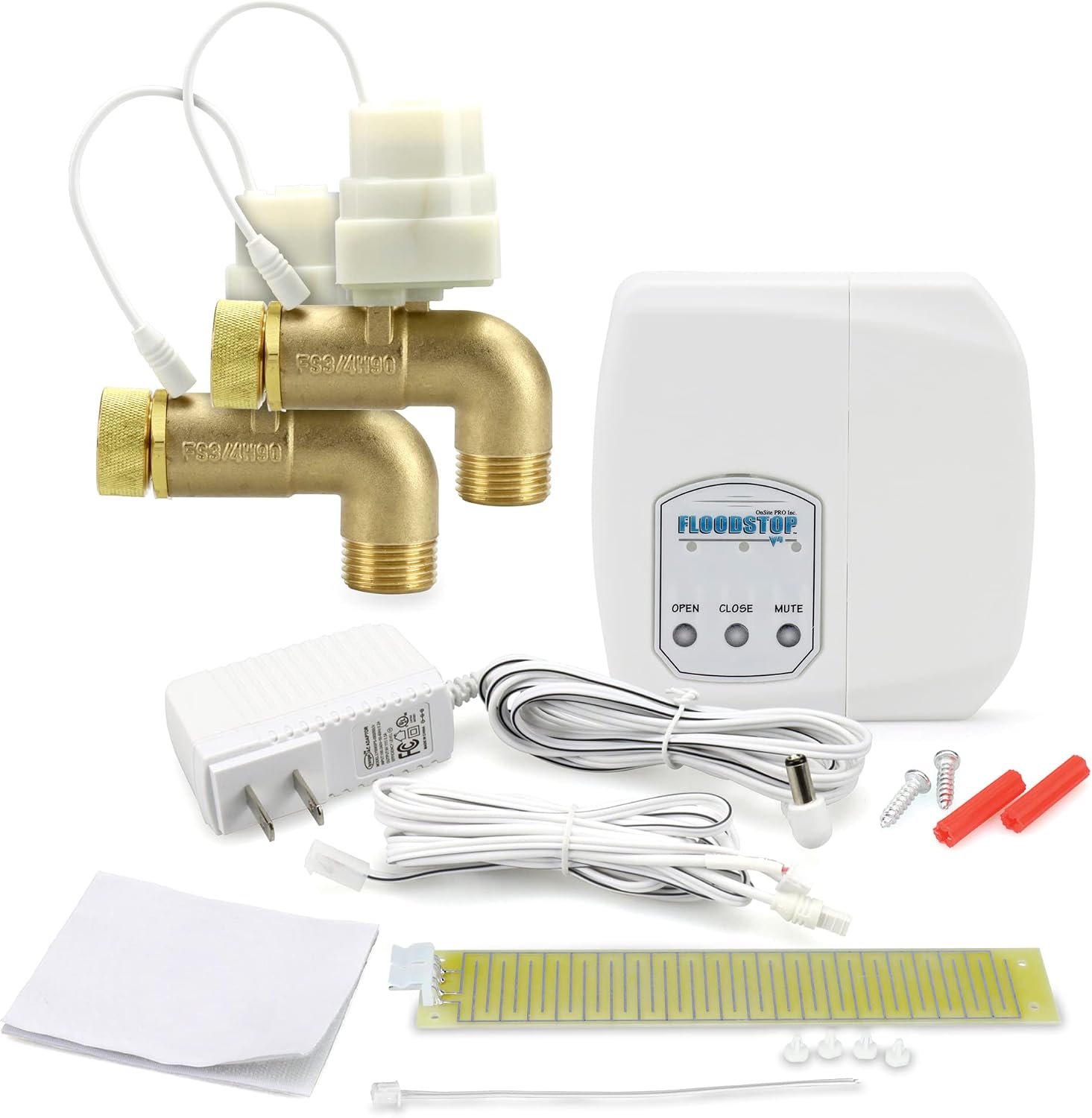 FloodStop Washing Machine Leak Detector Kit with Automatic Water Shut-Off and Visual/Audible Alarms, 3/4' 90deg, Hot & Cold Valves