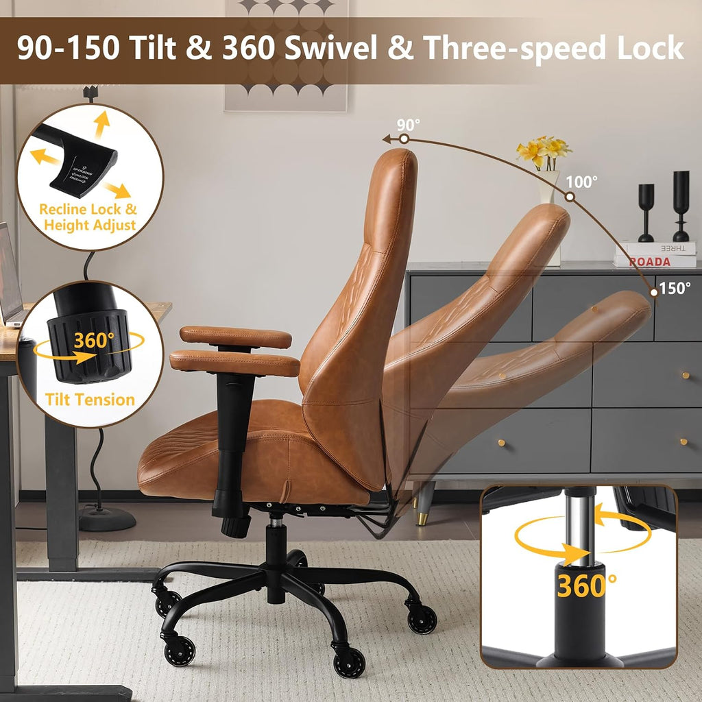 YFO Home Office Desk Chair High Back Office Rubber Casters Ergonomic Computer Chair with Lumbar Support Adjustable Height Rolling Swivel Chair Executive Task Armrests， Brown Leather