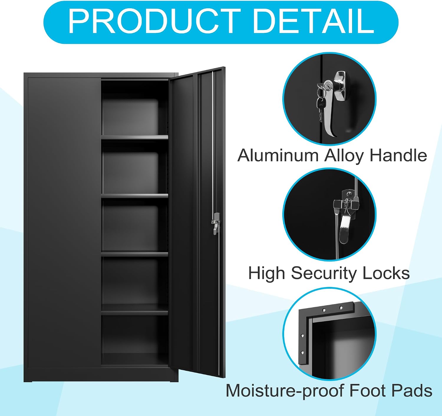 Metal Storage Cabinet 71' Black Garage Tool Cabinet with Doors and Shelves,Heavy Duty Tall Steel File Cabinet with Lock for Home Office Kitchen Gym School