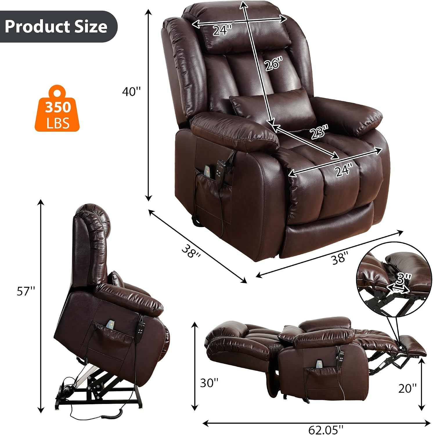 EDILLY Large Genuine Leather Power Lift Recliner Chair for Elderly, Dual Motor with Massage and Heating,with Double Lumbar Cushion and Extended Footrest,USB Port and Remote(Brown)