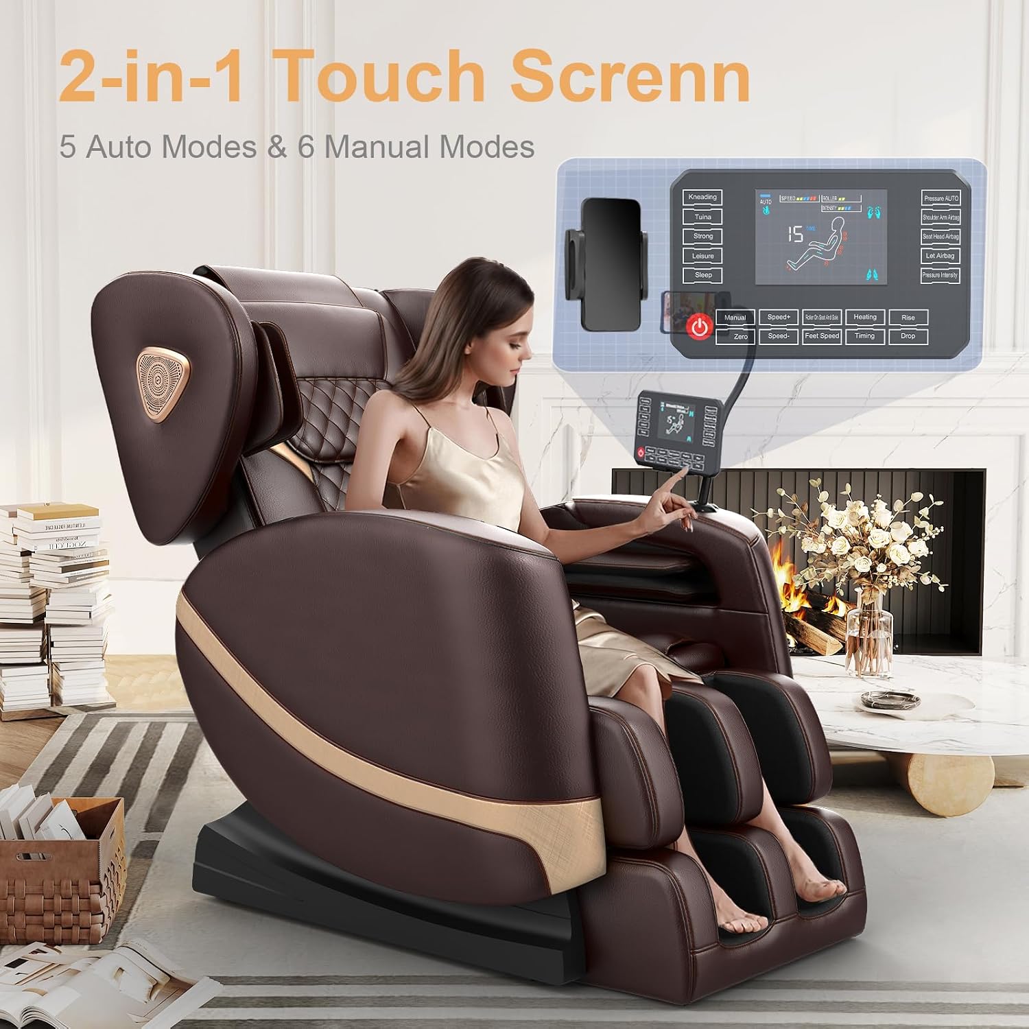 FURNIMAT 2026 Massage Chair Full Body, Zero Gravity Massage Chair with 10 Fix Rollers, Airbags, Heating, Foot Massage, Auto Modes, Bluetooth Speaker, Smart Screen Controller(Brown Premium)