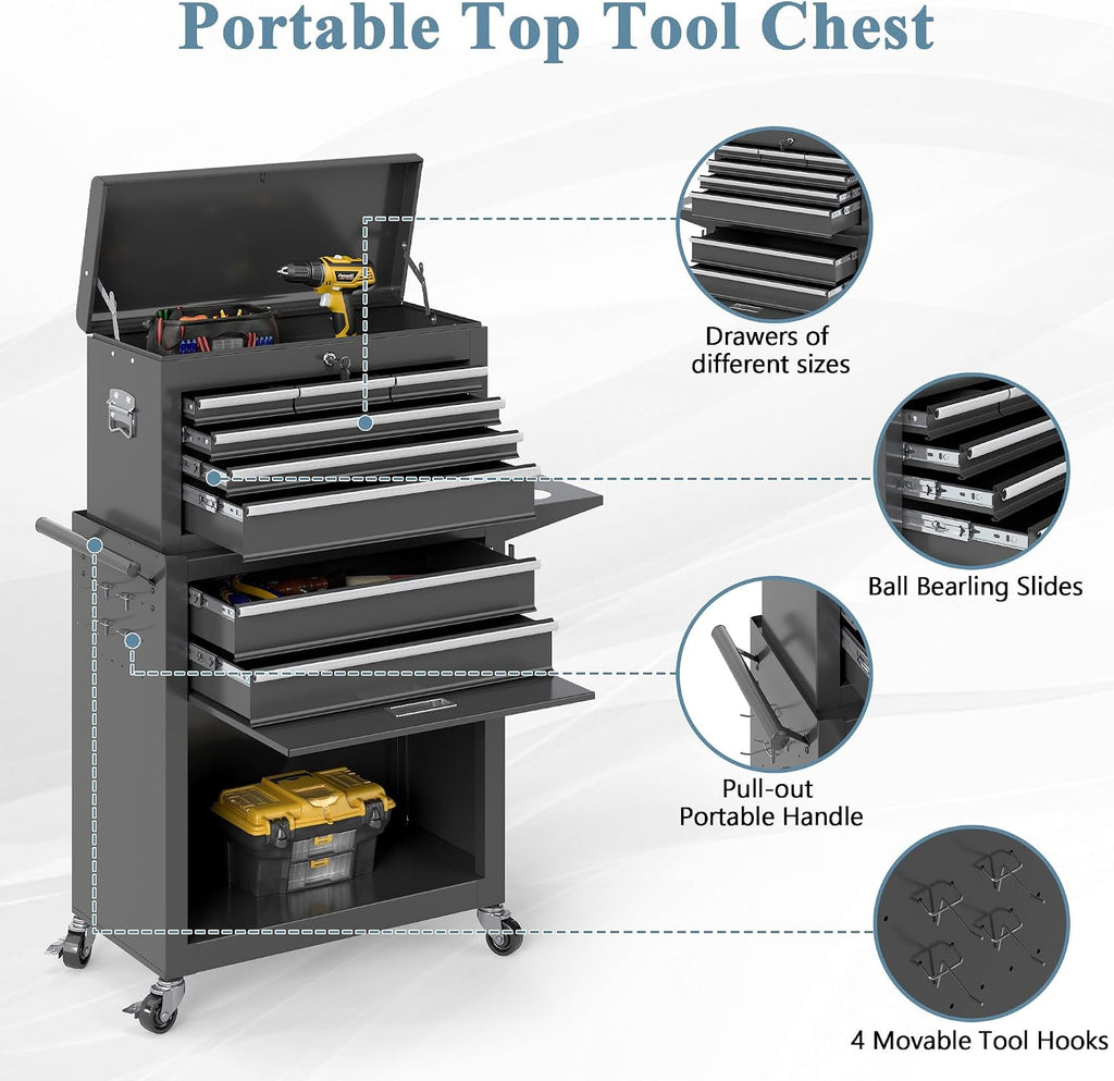 Tool Chest, 8 Drawers Rolling Tool Chest with Wheels, Removable Cabinet Storage Tool Box with Hooks and Liners,Universal Lockable Wheels, Metal Tool Storage Cart, Tool Box for Garage, Workshop