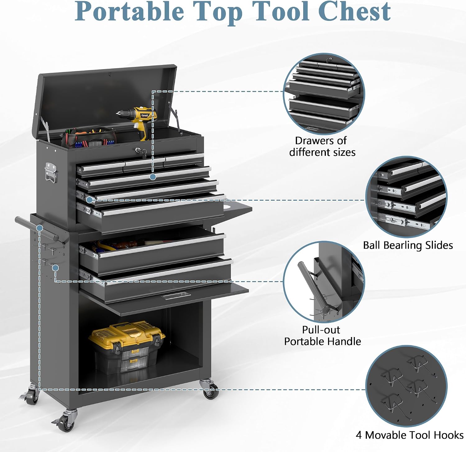 Tool Chest, 8 Drawers Rolling Tool Chest with Wheels, Removable Cabinet Storage Tool Box with Hooks and Liners,Universal Lockable Wheels, Metal Tool Storage Cart, Tool Box for Garage, Workshop