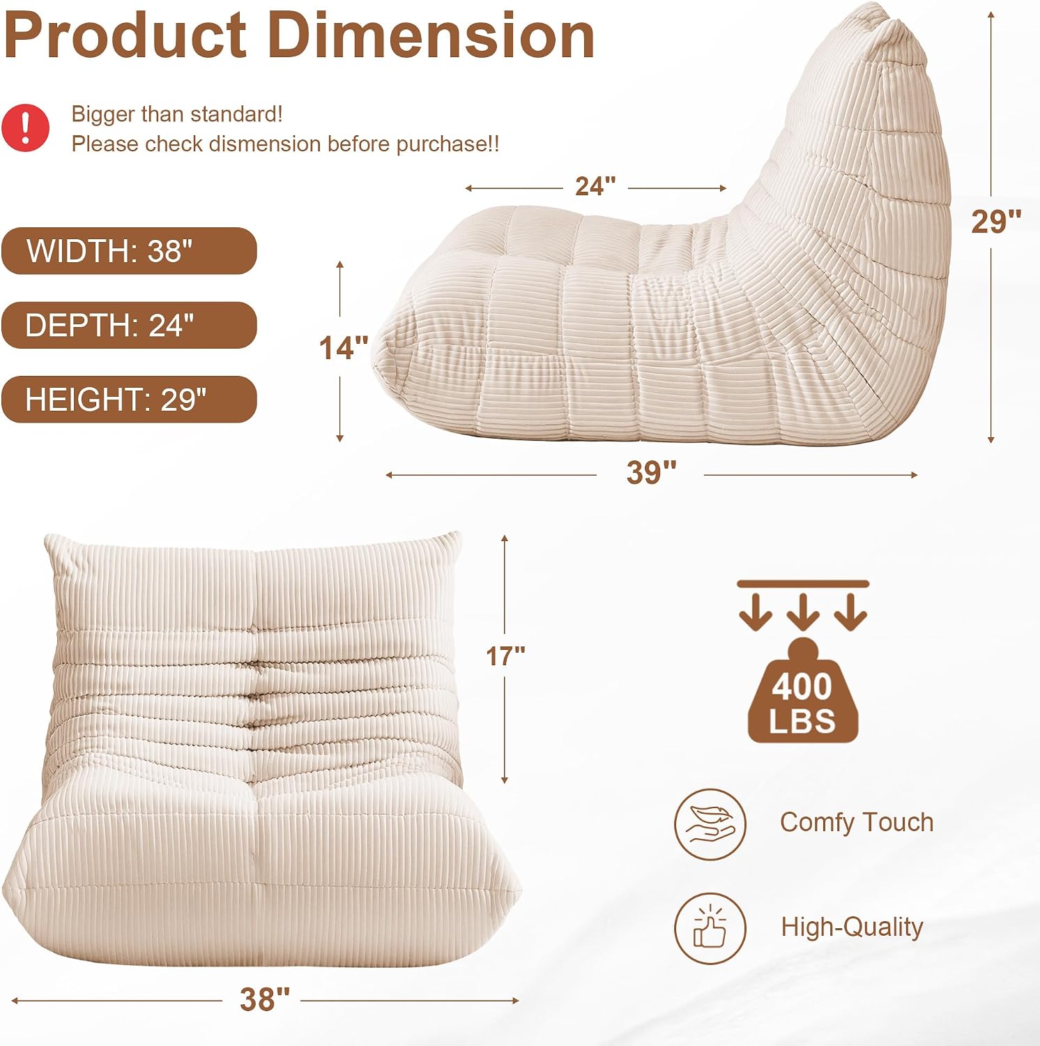 Bean Bag Chair for Adults, Giant Bean Bag Chairs with Lumbar Pillow, Oversized Corduroy Memory Foam Boneless Chair with High-Rebound, Lazy Floor Sofa for Reading Gaming Living Room Bedroom, Beige