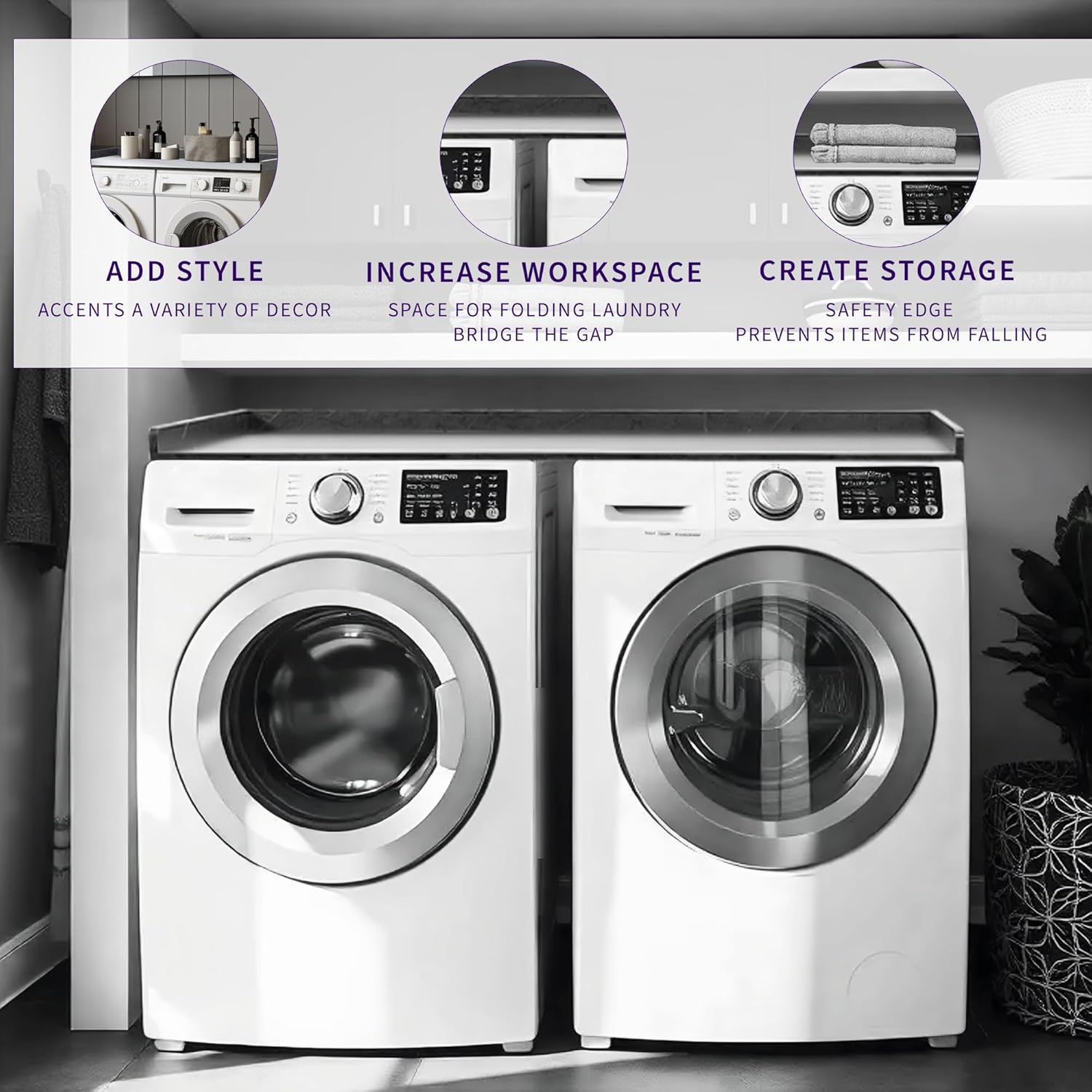 Life Finds 54 inch Washer Dryer Countertop with Safety Ledge for Laundry Room Organization, Black Marble Pattern, LF-WDCT1BM