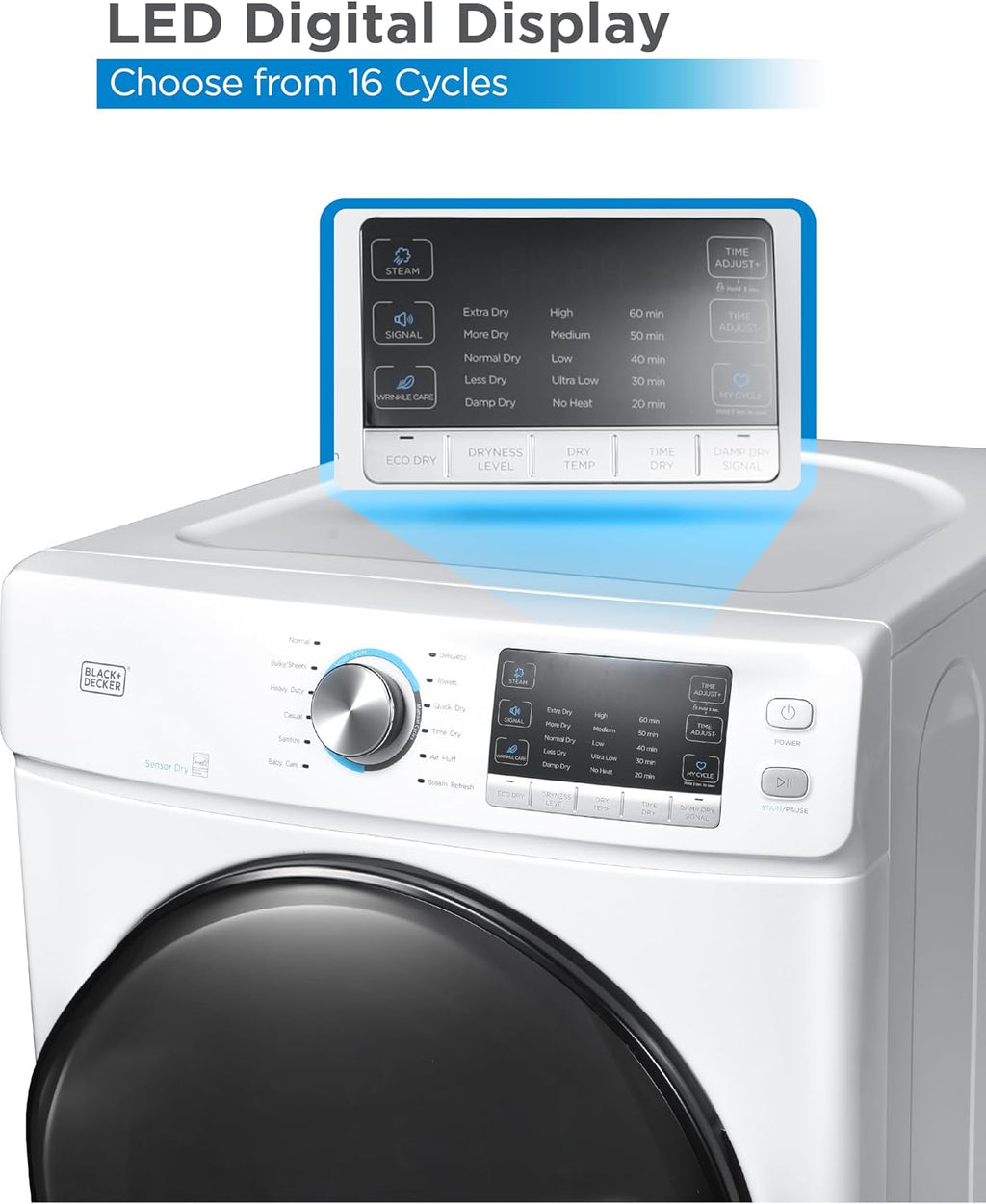 BLACK+DECKER 8.0 Cu. Ft. Electric Front Load Dryer with Steam, Clothes Dryer with LED Display, 12 Cycle Selections, ENERGY STAR, 240V Machine Requires Professional Installation, BFLD80ME, White