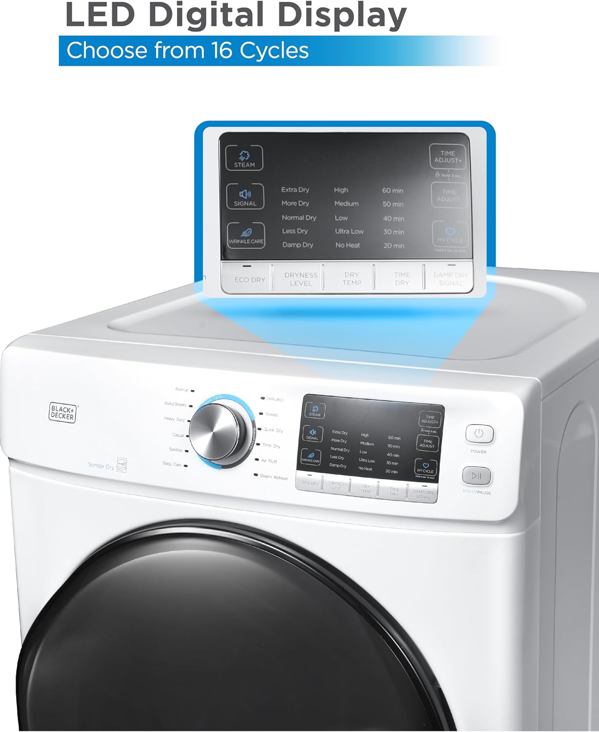 BLACK+DECKER 8.0 Cu. Ft. Electric Front Load Dryer with Steam, Clothes Dryer with LED Display, 12 Cycle Selections, ENERGY STAR, 240V Machine Requires Professional Installation, BFLD80ME, White