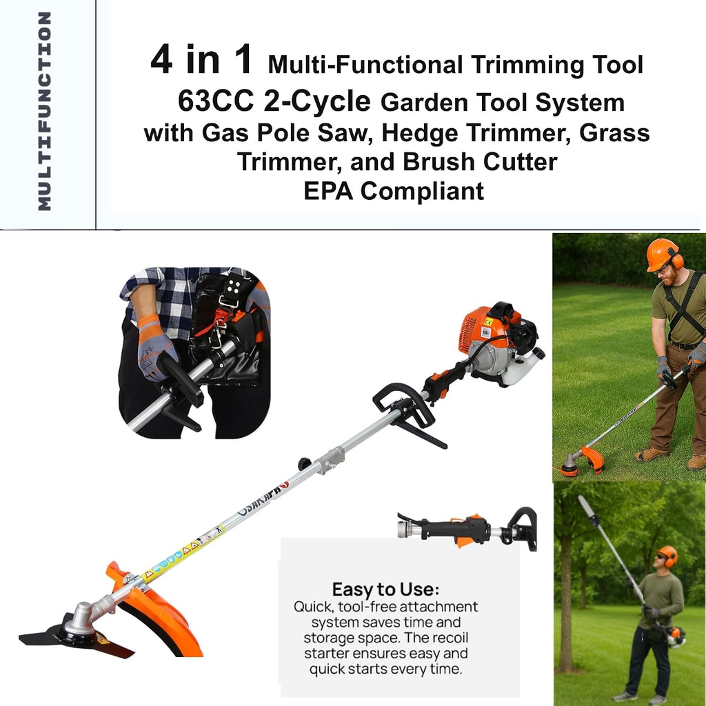 63cc 2-Cycle Gas Multi-Trimmer | 4-in-1 String Trimmer w/Rotatable Pole Saw, Weed Eater Weed Wacker, Brush Cutter & Hedge Trimmer Gas for Lawn, Yard, Garden Care, All-in-one Garden Tool