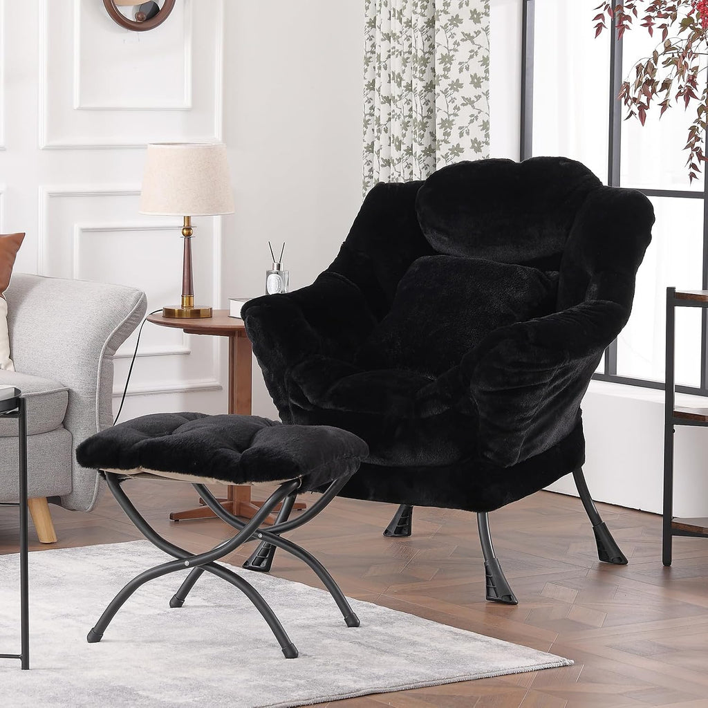Lazy Chair with Ottoman, Large Black Accent Chair with Ottoman and FA Throw Pillow, Comfy Plush Reading Chair for Living Room Bedroom Dorm Room Office Apartment Relaxing Use