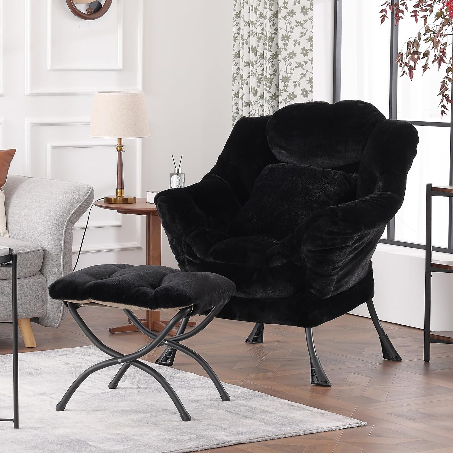 Lazy Chair with Ottoman, Large Black Accent Chair with Ottoman and FA Throw Pillow, Comfy Plush Reading Chair for Living Room Bedroom Dorm Room Office Apartment Relaxing Use