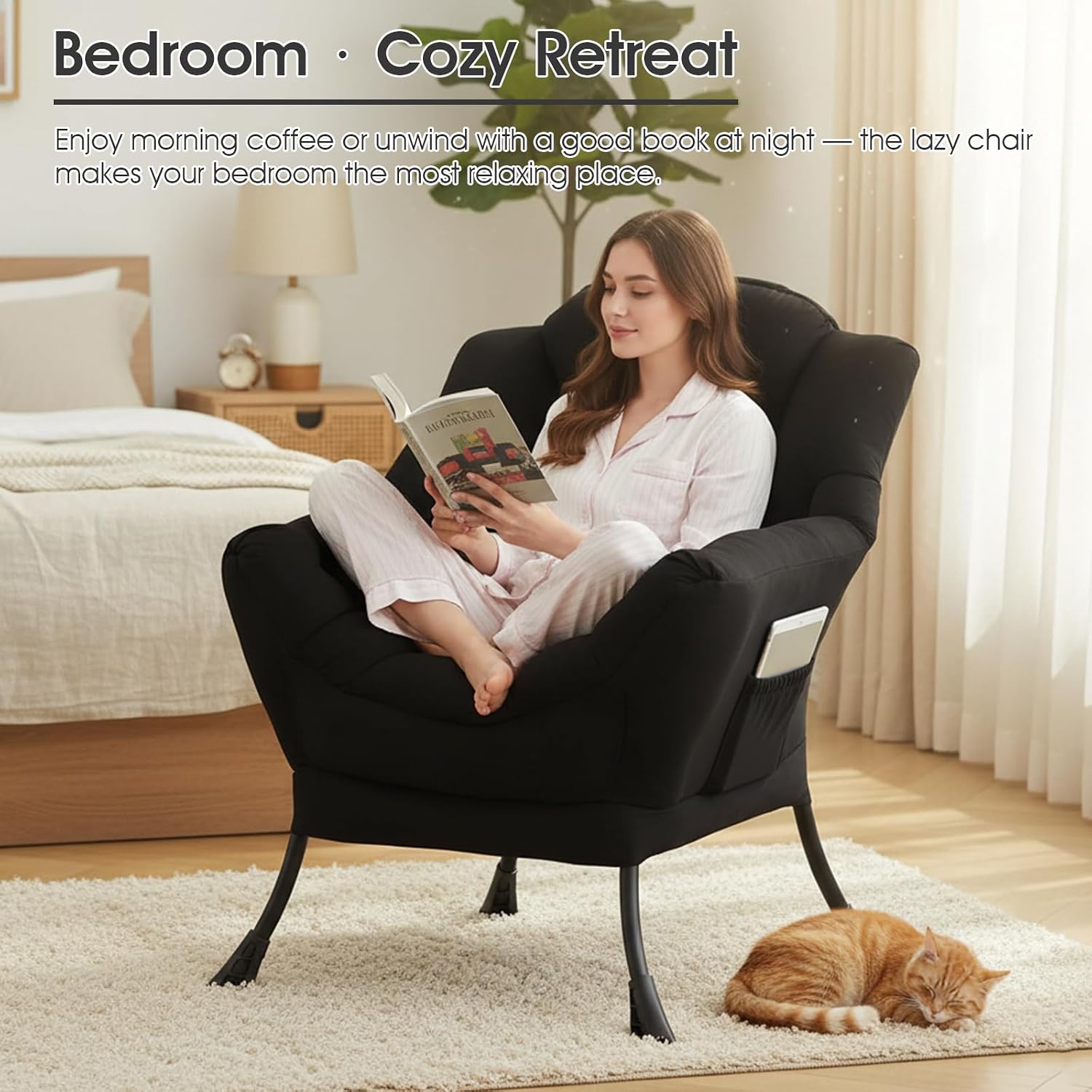 Lazy Chair for Living Room, Large Black Accent Chair with a Throw Pillow, Leisure Sofa Chair Set, Comfy Reading Chair for Bedroom, Dorm Room, Office