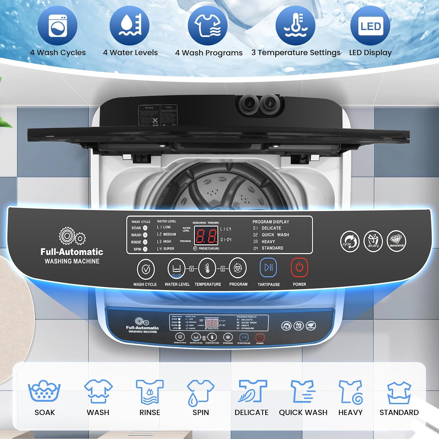 Nictemaw 20 lbs Portable Washing Machine, 2.8 Cu.ft Full Automatic Top Load Washer with 4 Programs, 4 Water Levels, 3 Temps, Drain Pump & LED Display, Compact Laundry Washer for Apartment, Dorm, RV