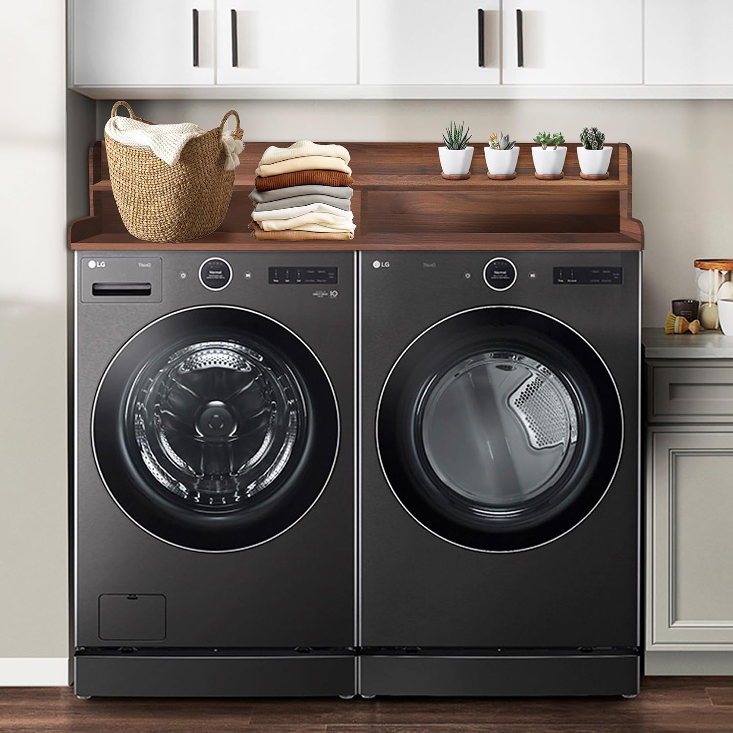 Royxen Laundry Countertop with Storage Universal Fit, Washer and Dryer Countertop with Shelf, Laundry Room Storage, 2-Tier Shelf (Walnut)