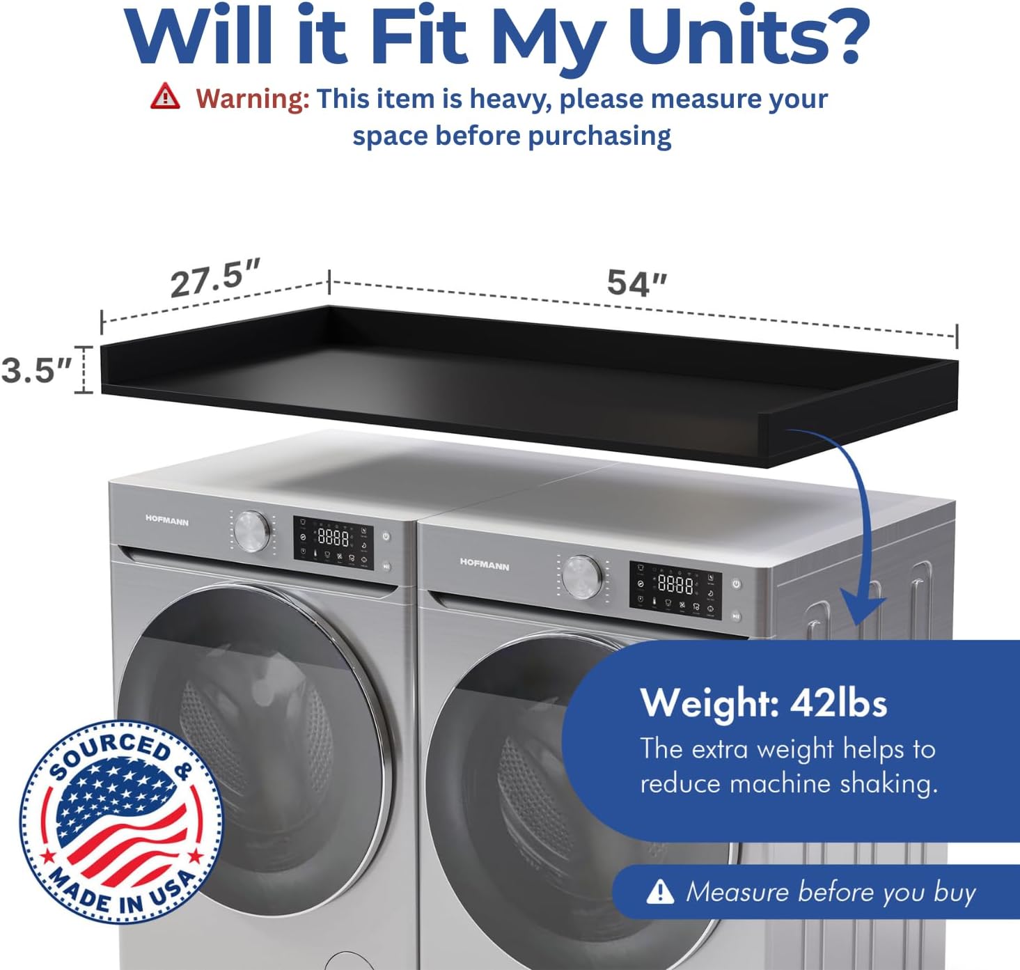OfficeSimpli Washer Dryer Countertop, Made in USA, Non-Slip Pads, Laundry Room Wood Topper, Washer Dryer Cover for Top, Laundry Countertop, Laminate Finish (Black, Standard (27.5' x 54'))