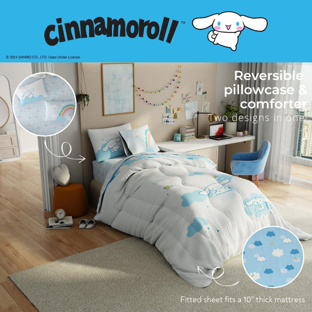 Cinnamoroll Bedding - 5 Piece Queen Size Bed Set - Super Soft Microfiber Comforter and Sheet Set, (Officially Licensed Product) by Franco Collectibles