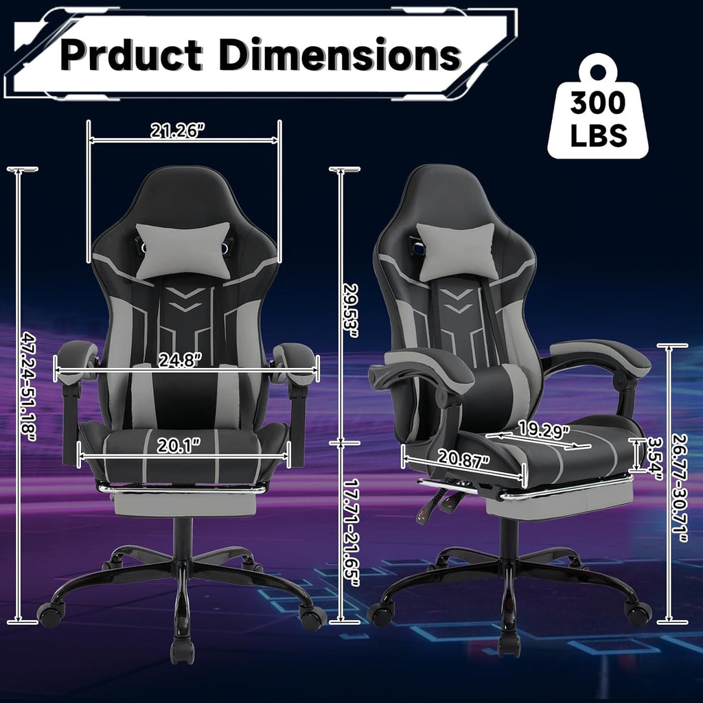 Gaming Chair with Massage and Footrest, Ergonomic High Back PC Racing Chair, 300LBS Capacity with Adjustable Lumbar Support & Headrest for Office and Desk (Model D, Black+Grey)