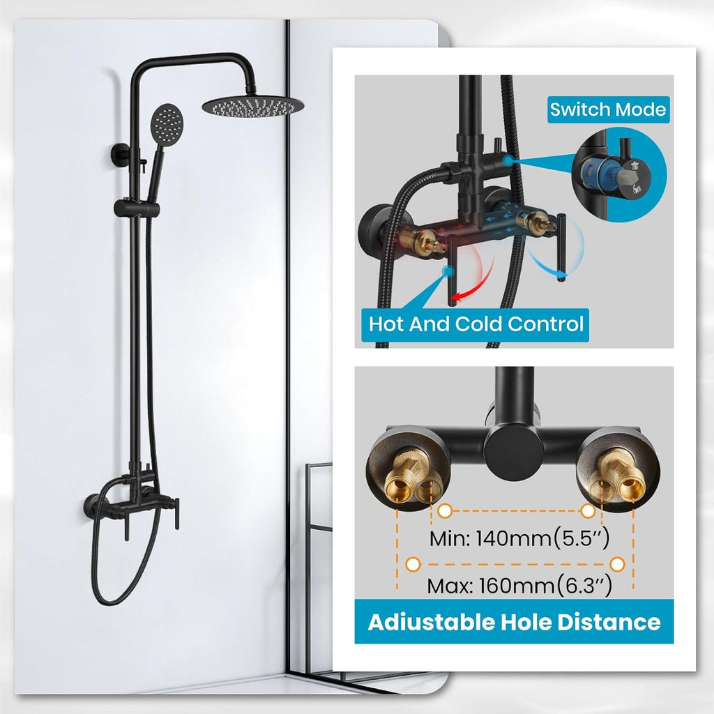 gotonovo SUS304 Outdoor Shower Fixture High Pressure Shower System Combo Wall Mount 2 Dual Function Shower Faucet Set Round Handheld Spray Matte Black Double Lever Handle