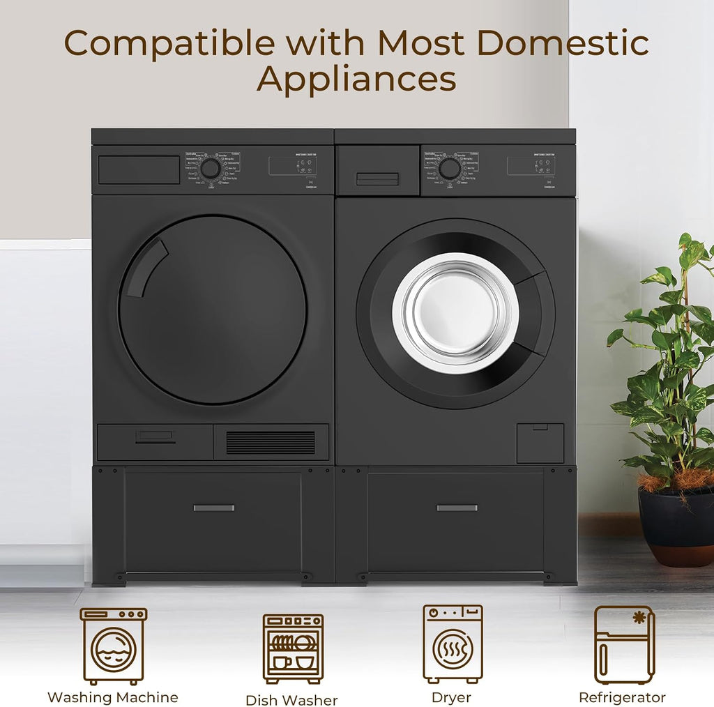 SKM Washer and Dryer Pedestal with Drawer, Laundry Pedestal for Washer and Dryer Stand, Heavy Duty Steel Washing Machine Stand Height Raiser (2, black, 28' W x 29' D x 14' H)