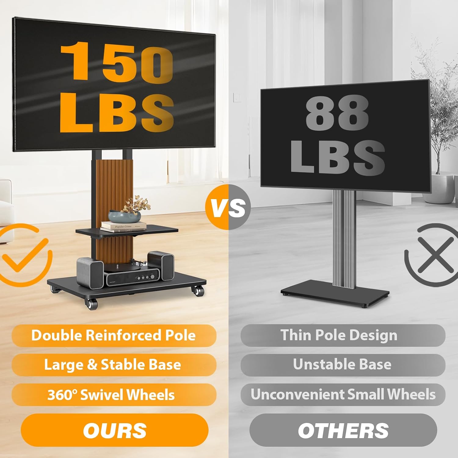 TVON Heavy Duty Rolling TV Stand for 55-90 inch Large TVs up to 150 lbs, Mobile TV Cart with Height Adjustable Mount and Large Storage Shelf, Tall TV Stand with Wooden Base, Black and Walnut