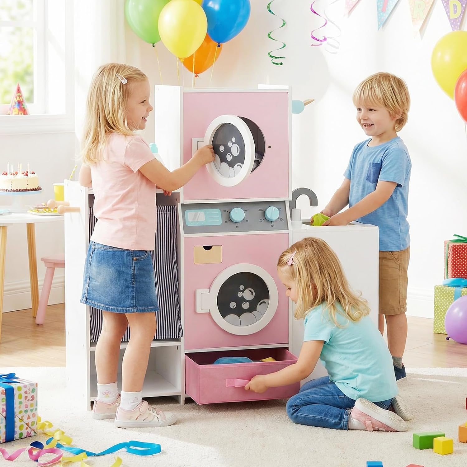 Costzon Kids Washer and Dryer Playset, Toddler Wooden Pretend Laundry Play Set w/Laundry Detergent Bottle, Iron, Hangers & Fabric Drawer, Realistic Laundry Room, Ideal Gift for Boys & Girls 3+