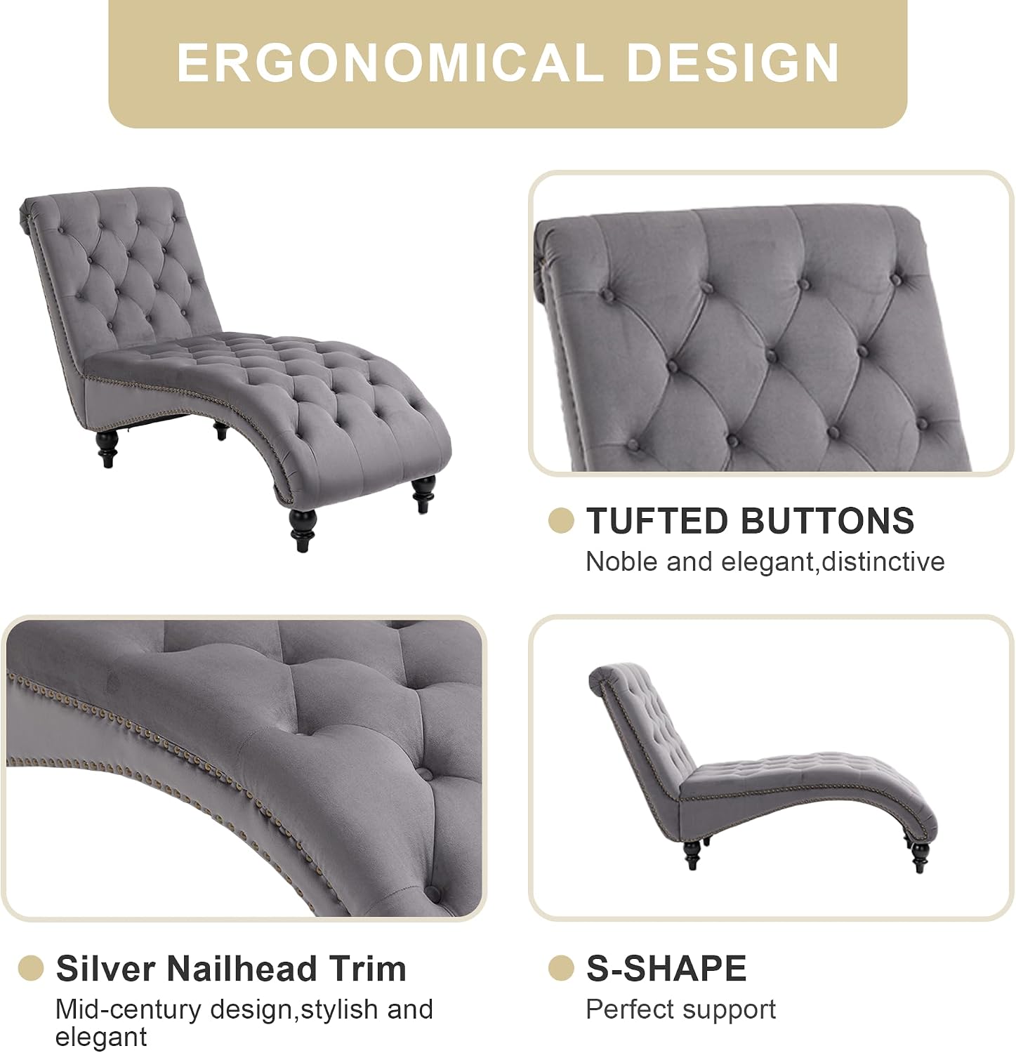 Velvet Chaise Lounge Indoor,Button-Tufted Upholstered Chaise Lounge Chair with Pillow for Bedroom Living Room Office Modern Backrest Leisure Recliner Sleep Sofa,Grey New