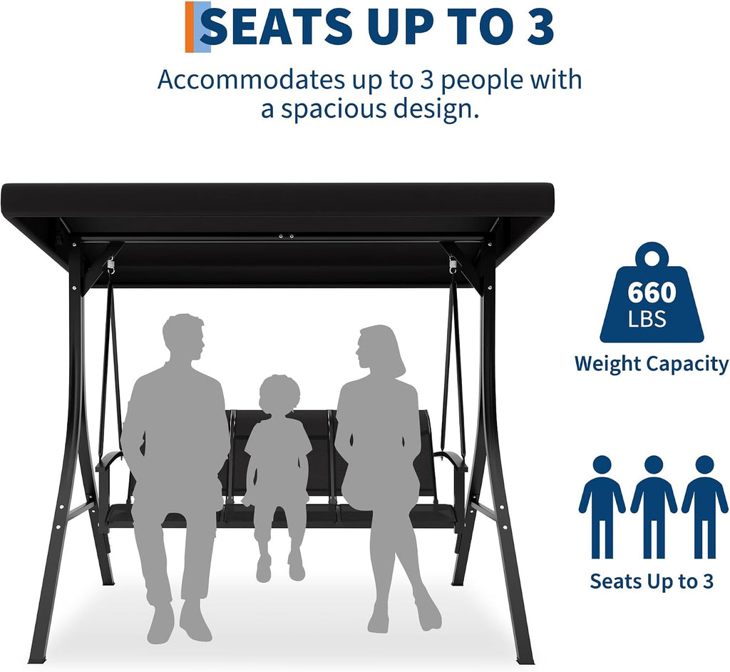 GarveeLife 3-Seat Patio Swing Chair, Outdoor Porch Hanging Swings with Adjustable Canopy and Armrests, Breathable Textilene Fabric Seat & Backrest, Swing Bench for Garden, Poolside, Backyard, Black