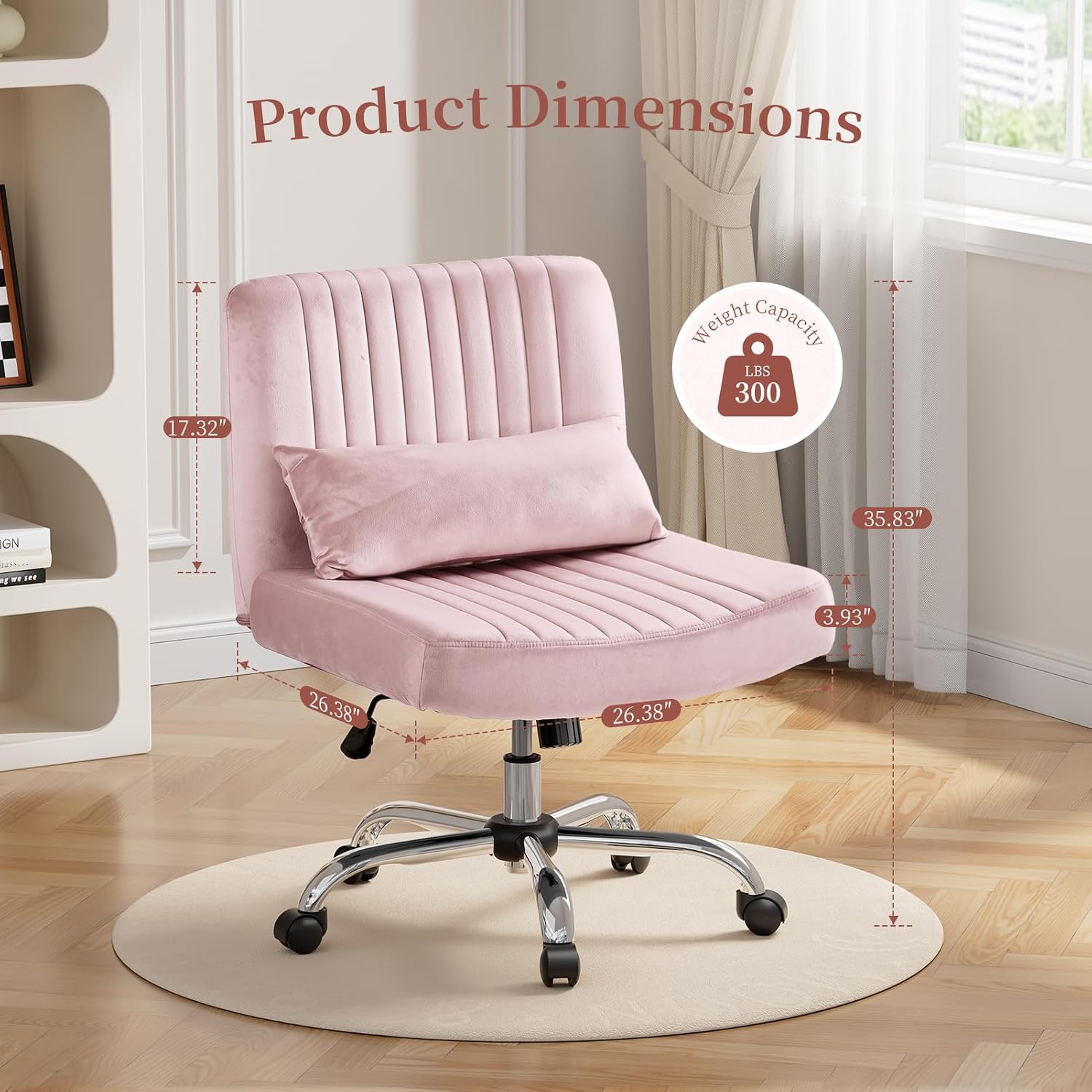 Velvet Criss Cross Chair with Wheels, Luxury Cross Legged Office Chair, Comfy Desk Chair for Home Office, Wide Seat Computer Chair, Armless Vanity Chair, Birthday Gift for Girls & Women, Blush Pink