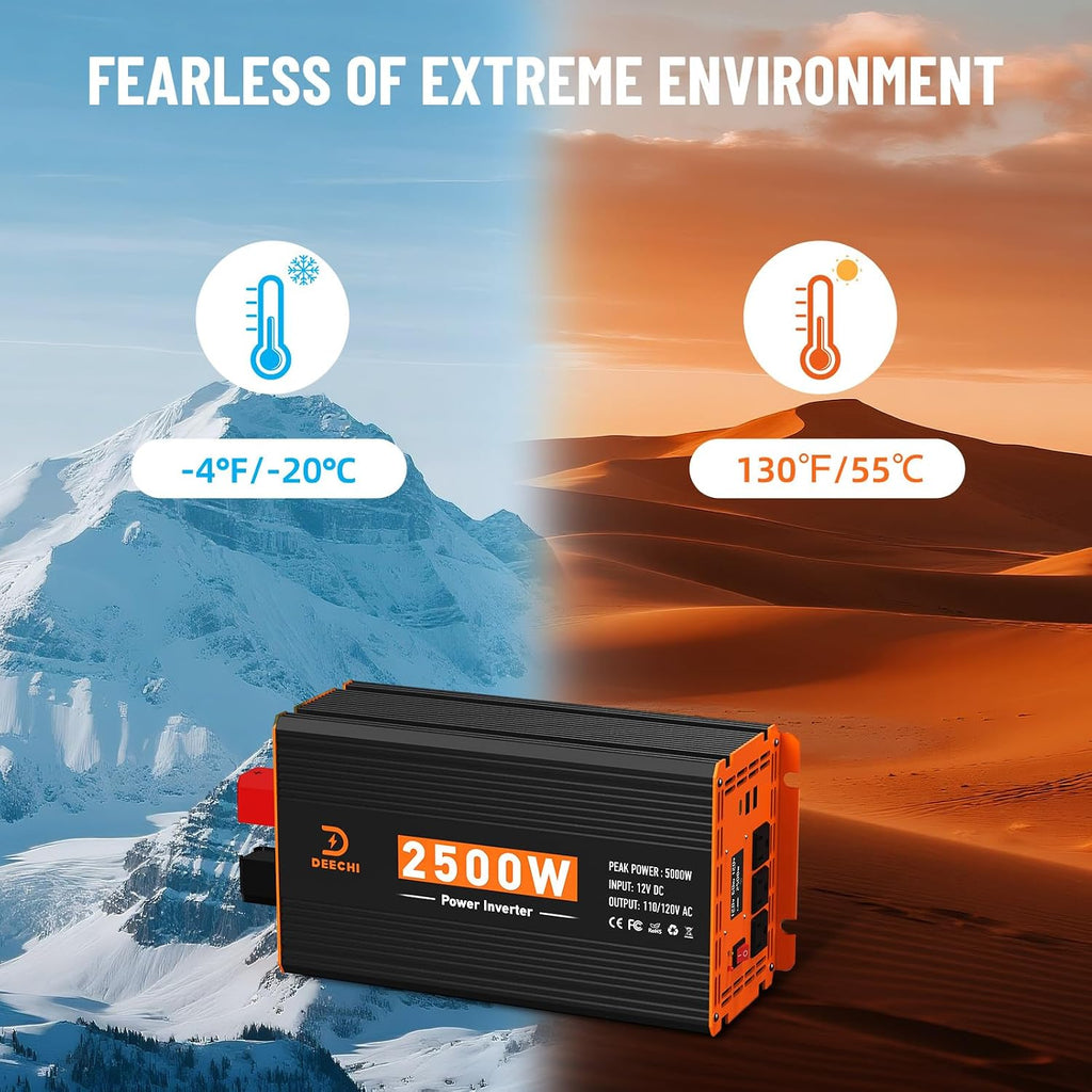 2500W Power Inverter 12V DC to 110V/120V AC Converter for RV/Truck/Boat/Camping/Off-Grid Solar Car Power Inverter Peak Power 5000W with 3 AC Outlets,USB & Type-C Port, Remote Controller & LCD Screen