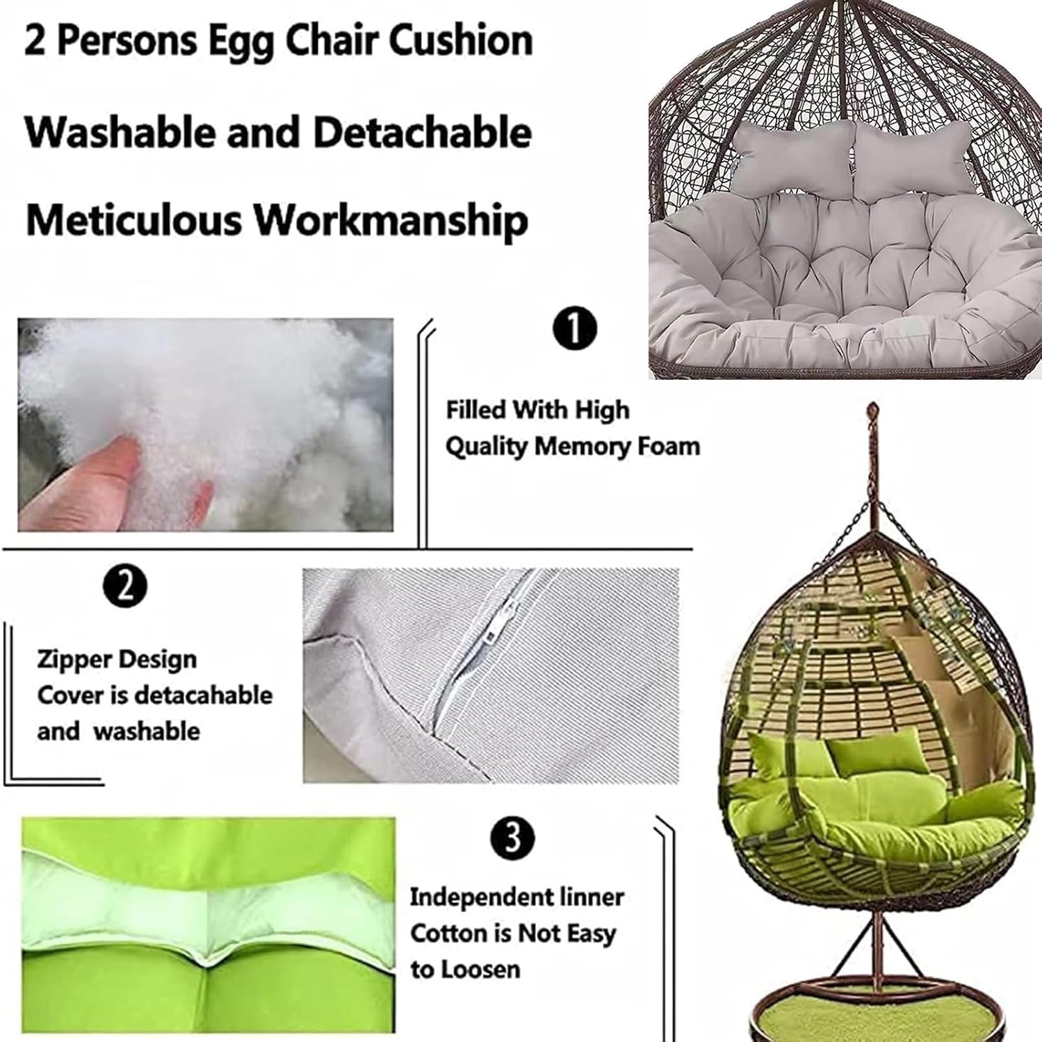 Swing Hanging Chair Cushion Egg Chair Cushion Thicken Hanging Basket Egg Chair Waterproof Heavy Duty Swing Chair Cover Seat Cushion for Garden Outdoor Indoor Patio(8,110CM)