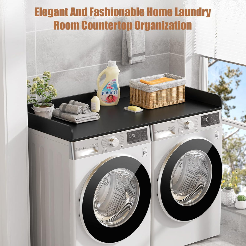 Washer Dryer Countertop, 27.5' D x 54' W Washer and Dryer Topper Covers with Edge Rails, Wood Laundry Room Countertop Shelves for Laundry Room Organization and Storage (Black)