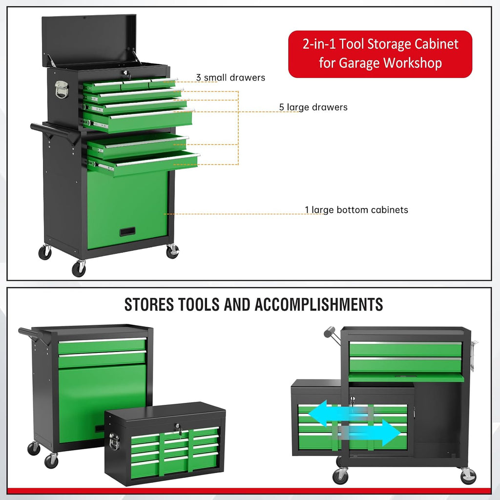 8 Drawers Rolling Tool Chest with Drawers, High Capacity Toolbox on Wheels, Lockable Drawers Tool Box Organization and Storage, Tool Cabinets on Wheels for Garage (BlackGreen, 8 Drawers)