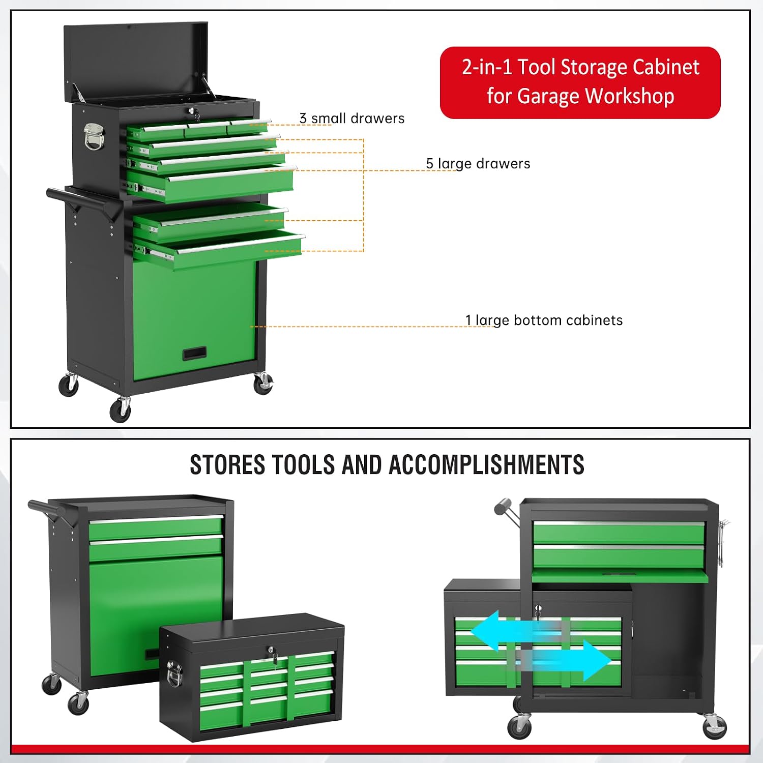 8 Drawers Rolling Tool Chest with Drawers, High Capacity Toolbox on Wheels, Lockable Drawers Tool Box Organization and Storage, Tool Cabinets on Wheels for Garage (BlackGreen, 8 Drawers)
