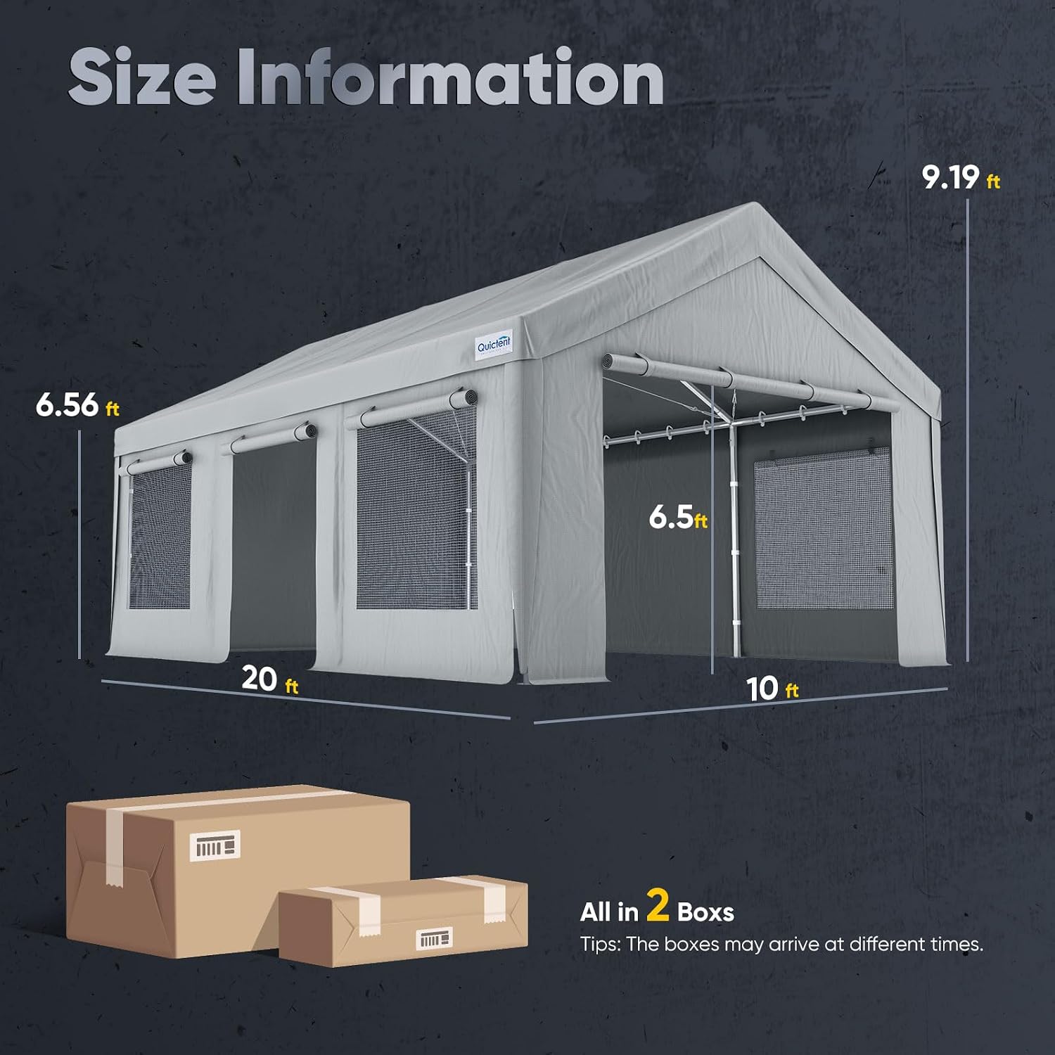 Quictent Heavy Duty 10x20 ft Carports with Side Zipper Doors & Snowproof Steel Cables & Ventilated Windows, Waterproof Storage Shelter for Car, Boat, RV, Outdoor Equipment, Gray