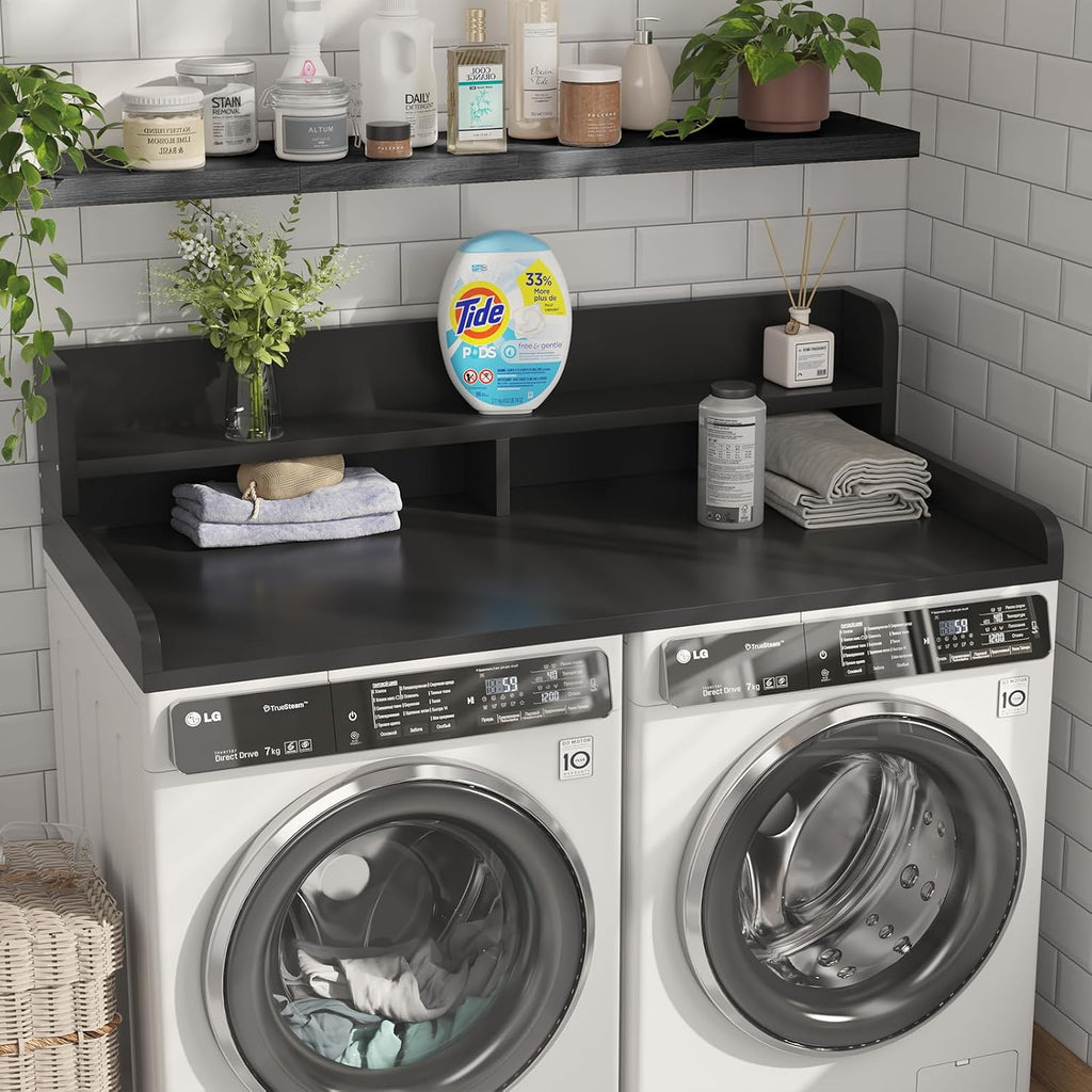 2-Tier Washer Dryer Countertop with 2.75'H Edge Rails, 54' W x 27.55' D Laundry Countertop for Folding Clothes, Washer and Dryer Topper with Non-Slip Pad (Black)